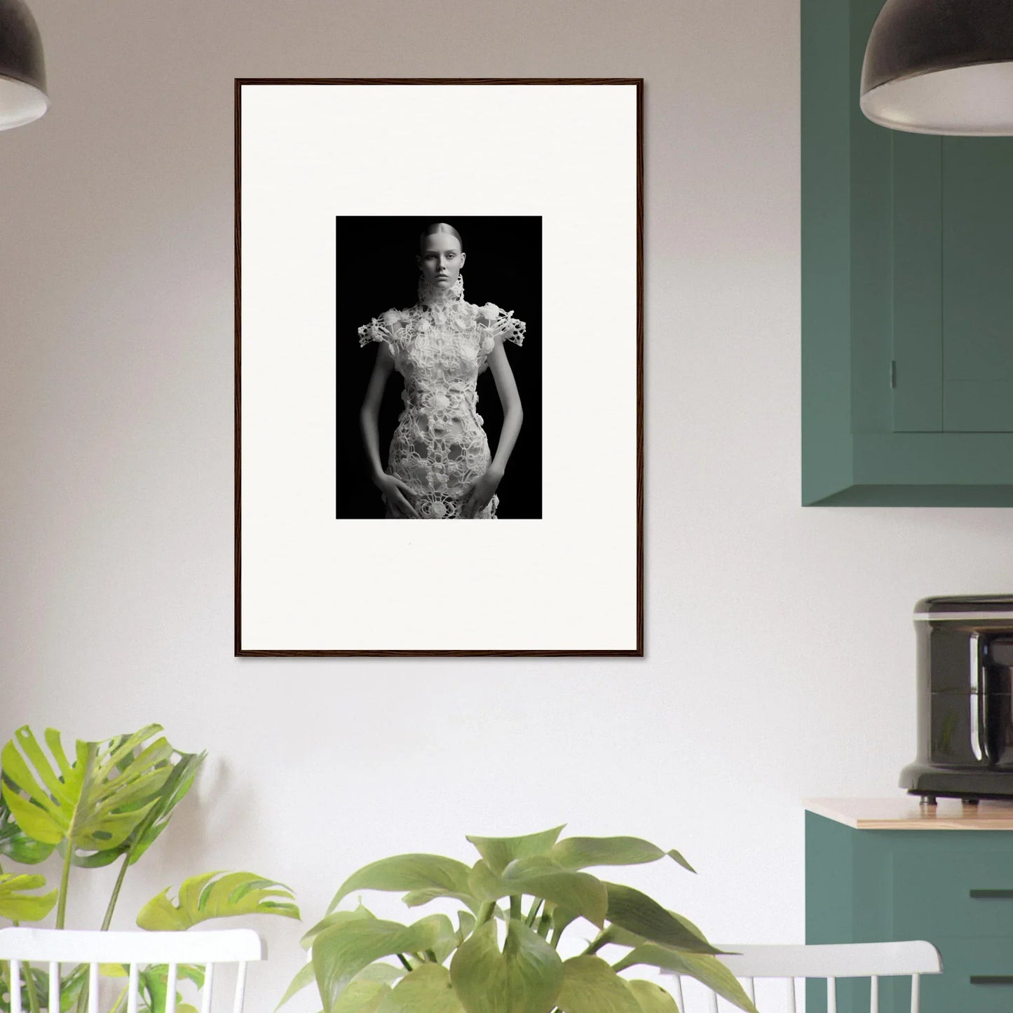 Framed black and white photograph of a person in floral garment for stylish room decor