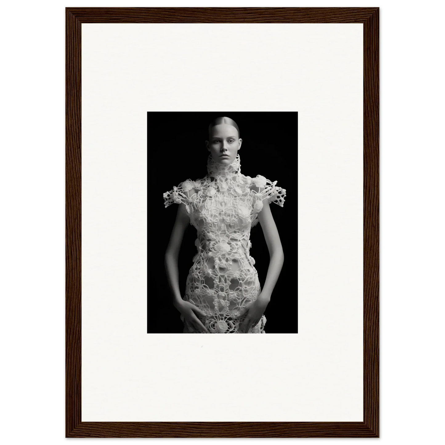 Elegant woman in a floral dress, ideal for Monad Exhale room decor and framed wall art