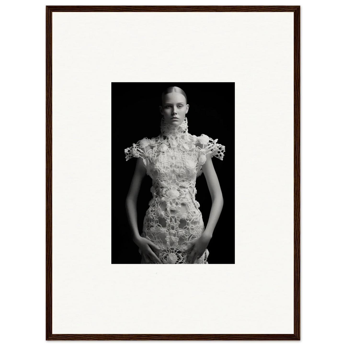 Black and white photo of ornate dress, part of Monad Exhale framed wall art, ideal for room decor