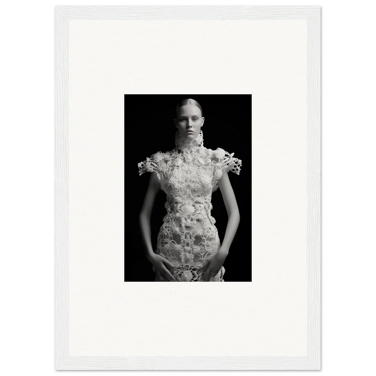 Black and white portrait in floral dress for Monad Exhale room decor and framed wall art