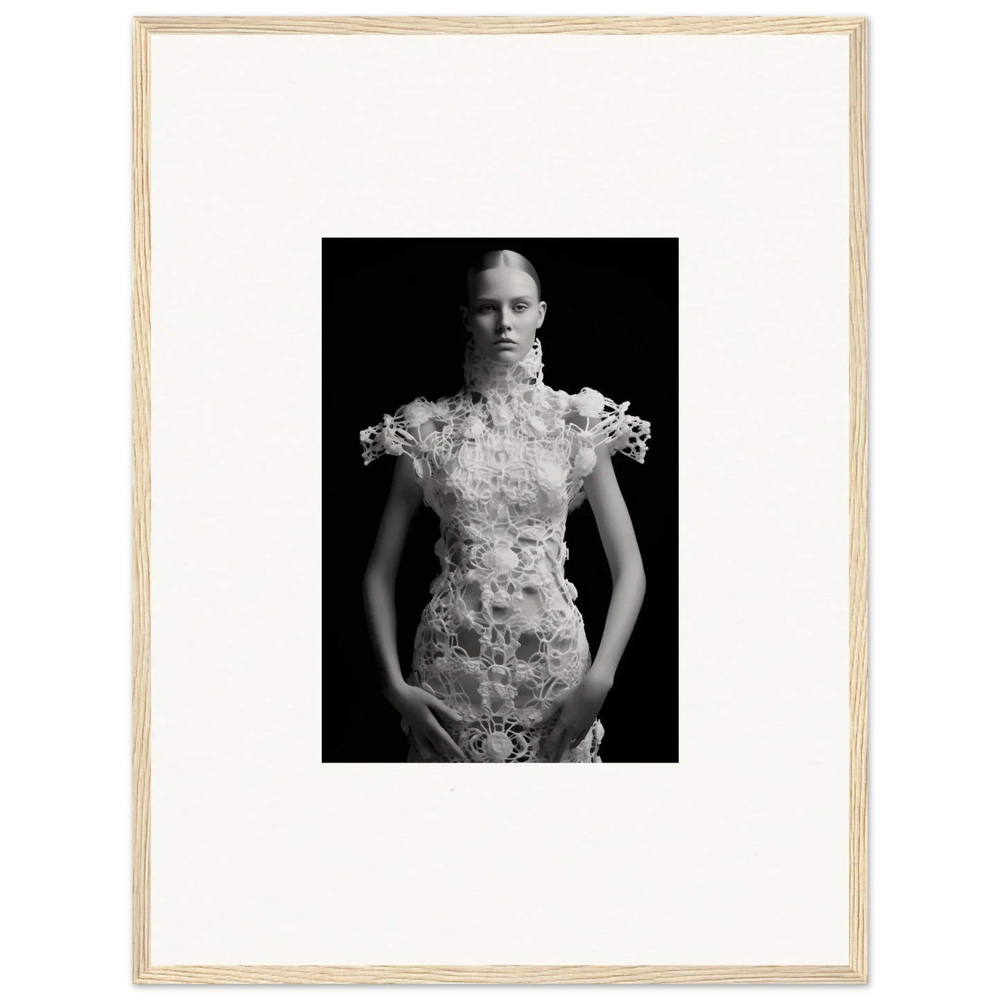Black and white photograph of woman in ornate dress for elevated room decor, Monad Exhale