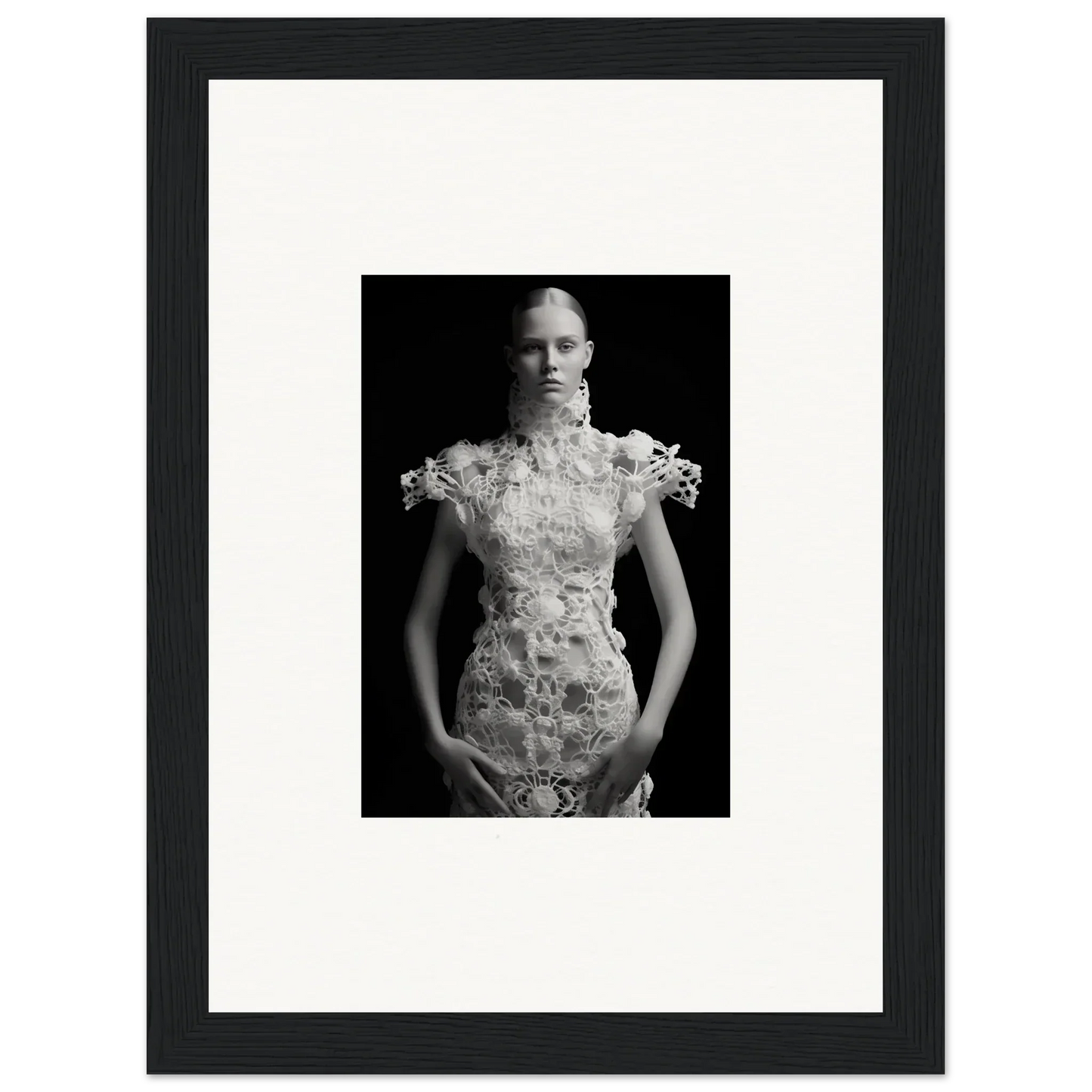 Black and white portrait of a woman in lace dress for Monad Exhale framed wall art