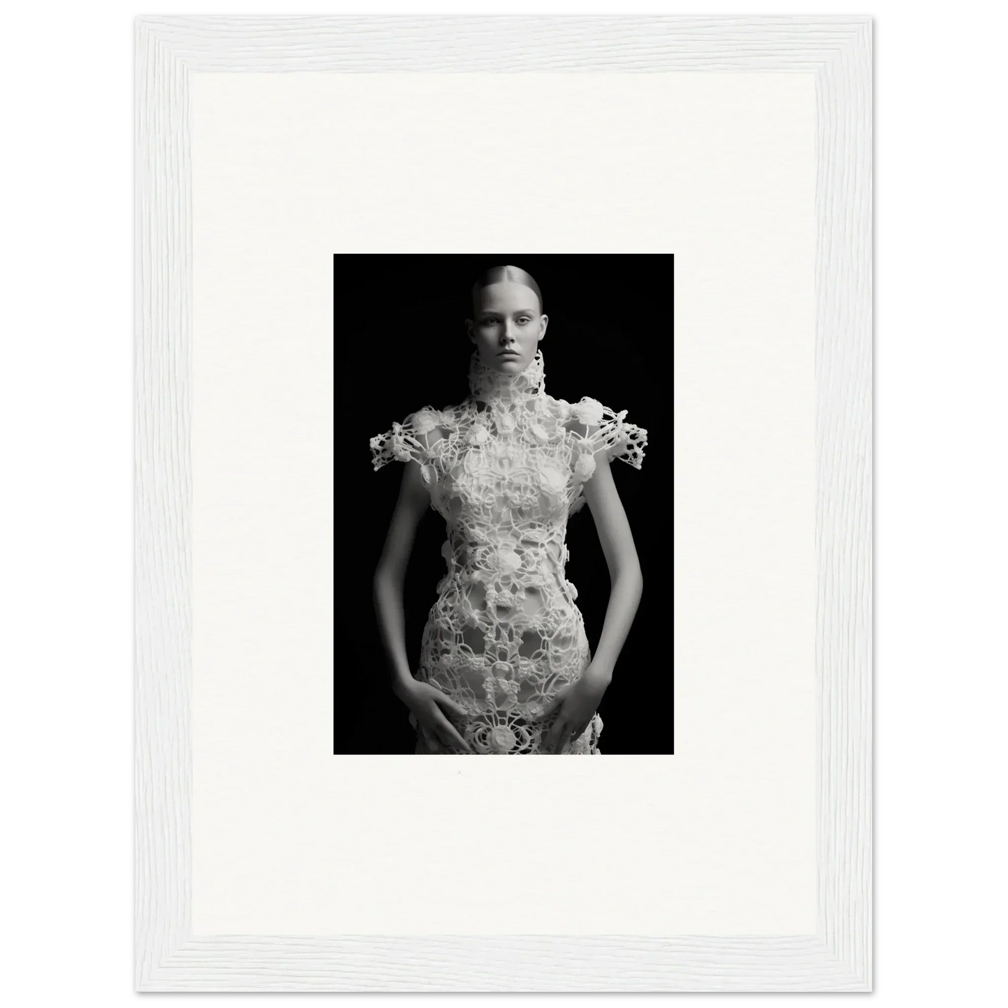 Black and white portrait in ornate lace dress, perfect for Monad Exhale room decor