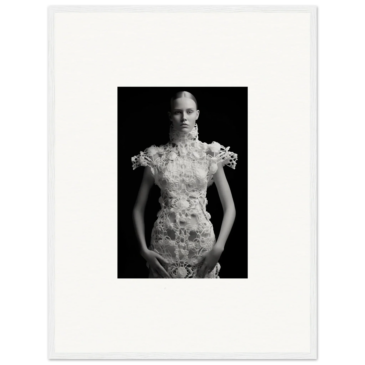 Ornate white dress with floral embellishments in Monad Exhale framed wall art decor