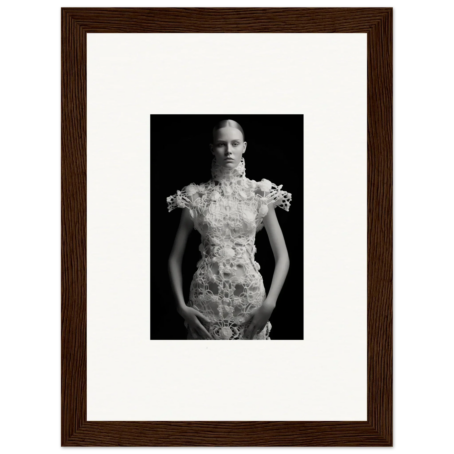 Framed black and white photograph of a woman in ornate dress for elegant room decor