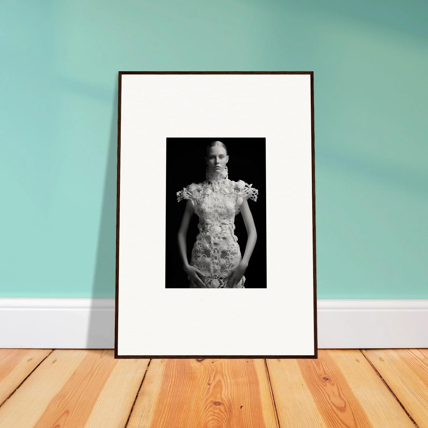Framed wall art of a person in a floral dress, perfect for Ethereal Monad Exhale room decor