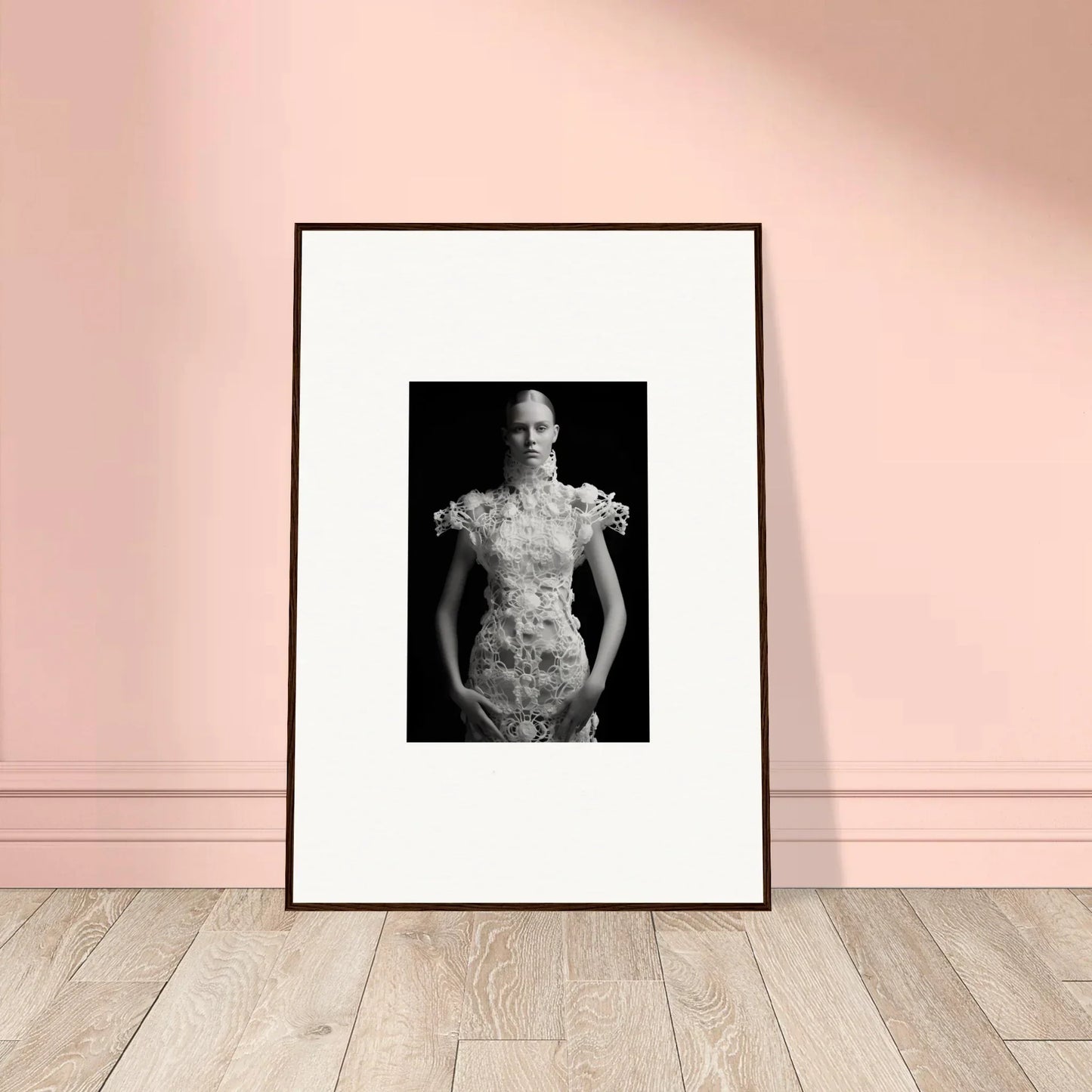 Framed black and white portrait of a person in a floral dress for room decor, Monad Exhale