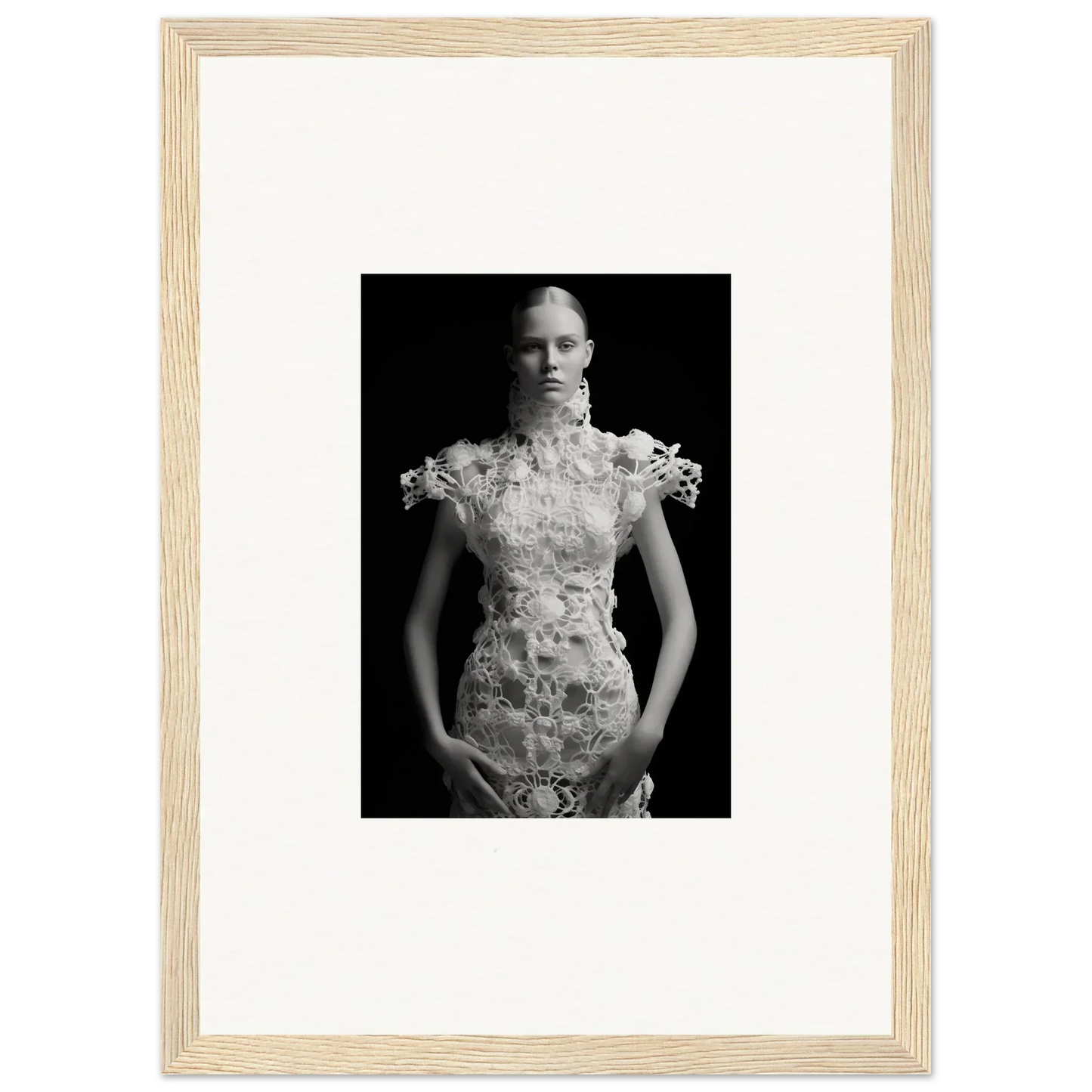 Black and white image of ornate floral dress ideal for Monad Exhale room decor framed wall art