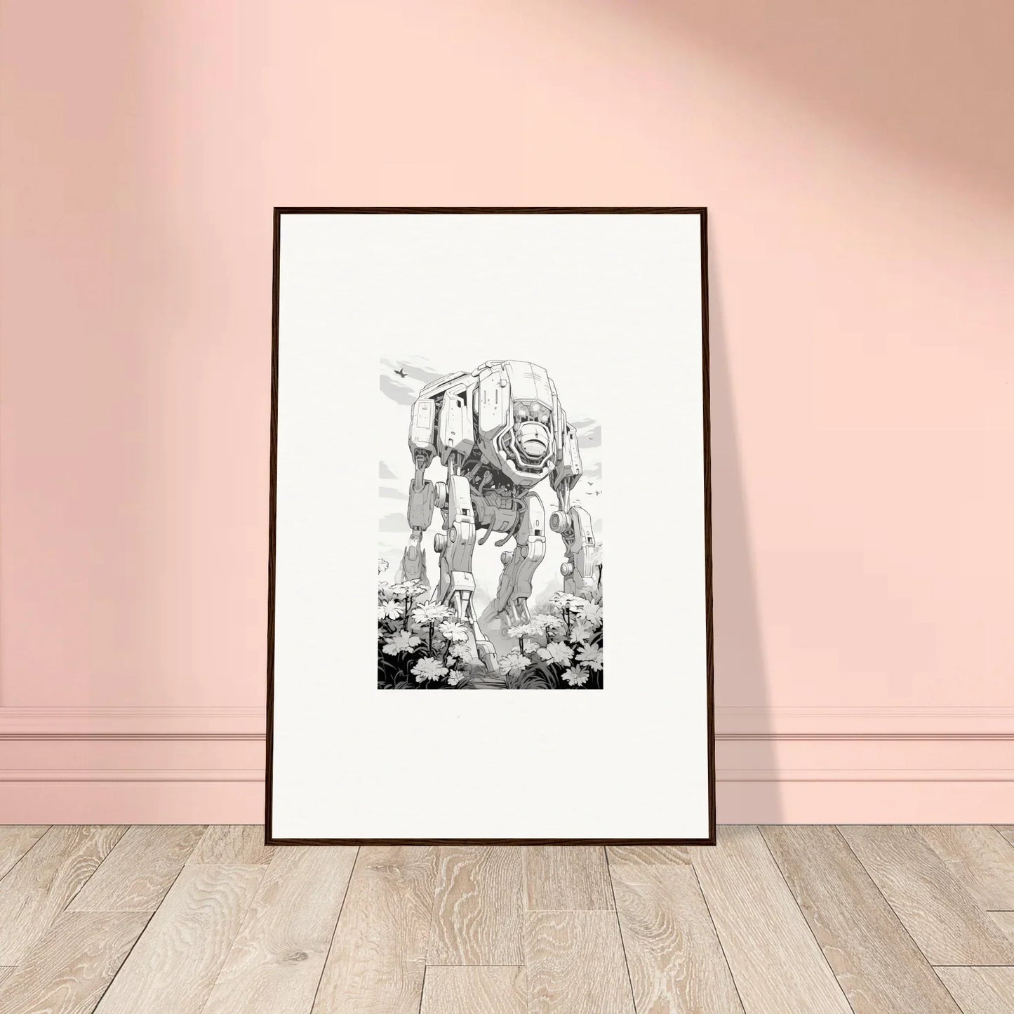 Framed black and white sketch of a robotic quadruped for cool room decoration wall art