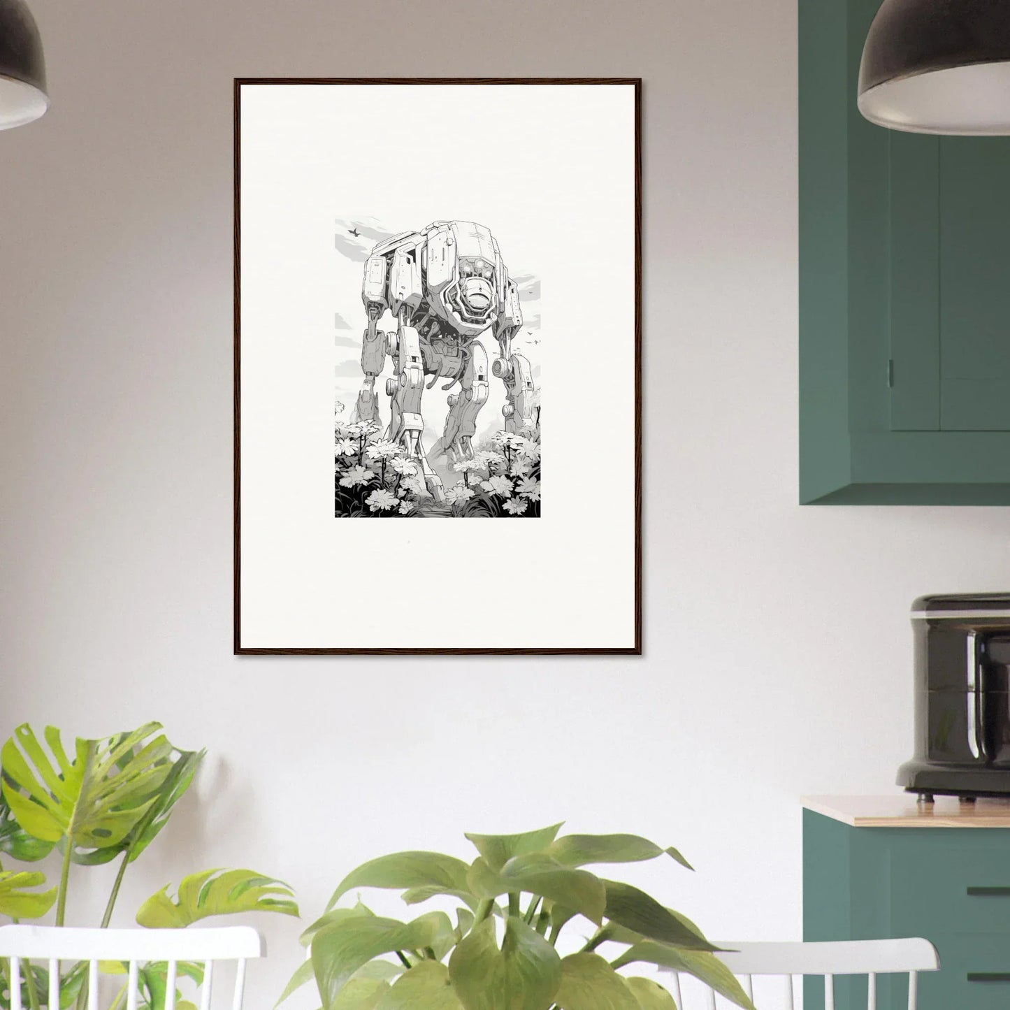 Framed black and white sketch of a robotic walker, perfect for room decoration wall art