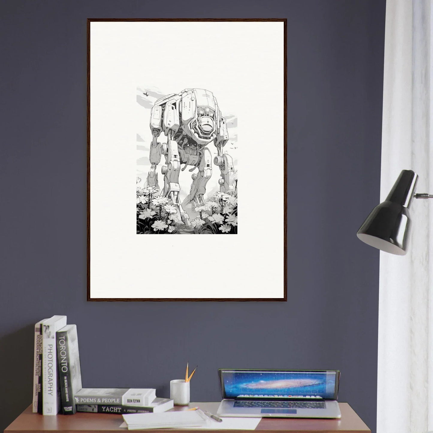Framed black and white wall art of a robotic figure, perfect for room decoration