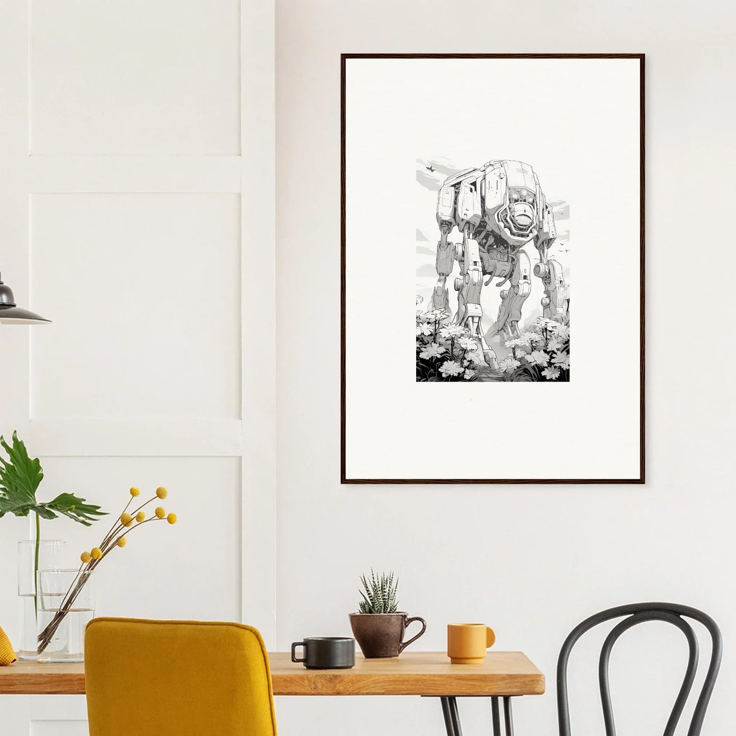 Framed black and white canvas print of a robotic walker for cool room decoration