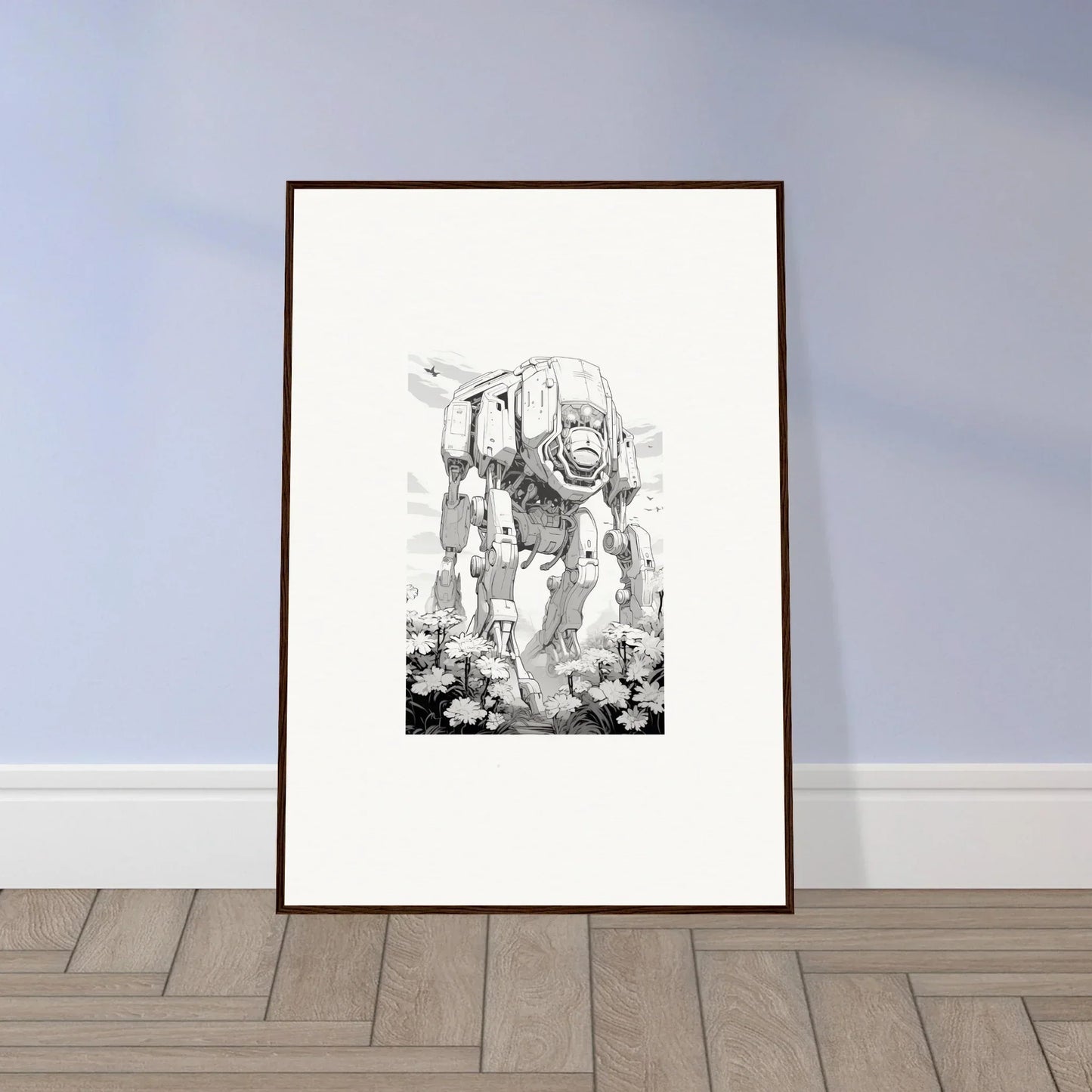 Framed black and white AT-AT walker sketch for cool room decoration wall art