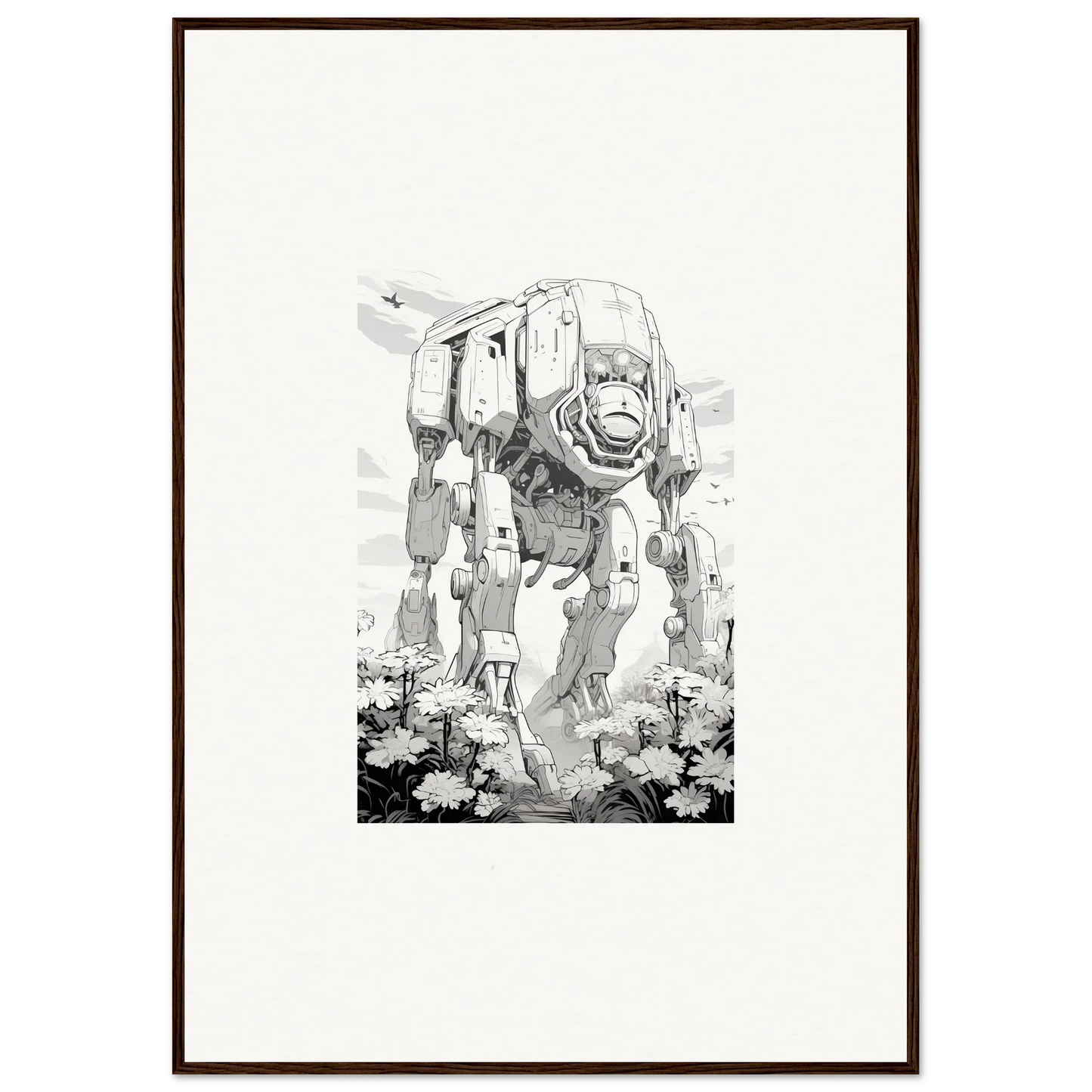 Sketchy monochrome AT-AT walker wall art for cool room decoration in Ethereal Robo-Scape