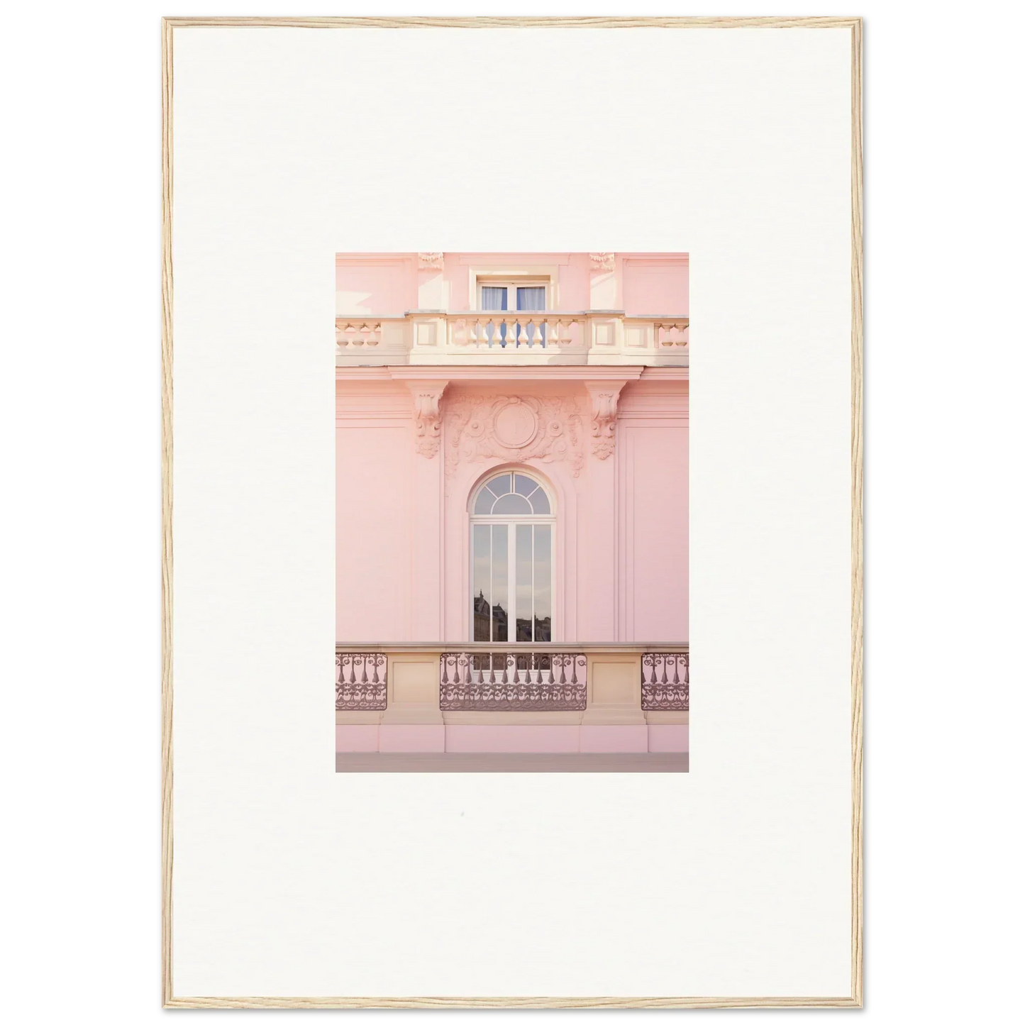 Pink architectural facade with arched window and ornate balcony for Ethereal Rose Whispers