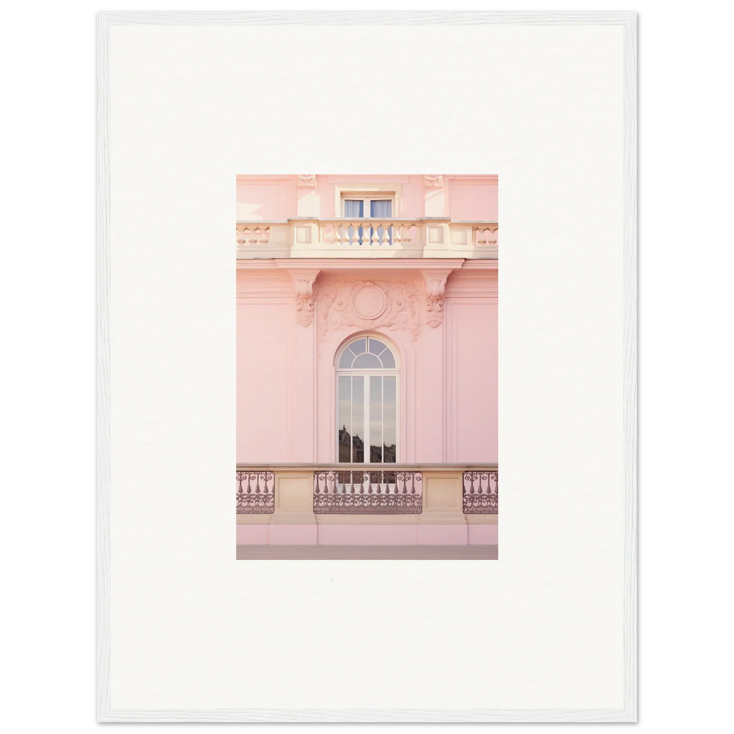 Pink architectural facade with arched window and ornate balcony for Ethereal Rose Whispers
