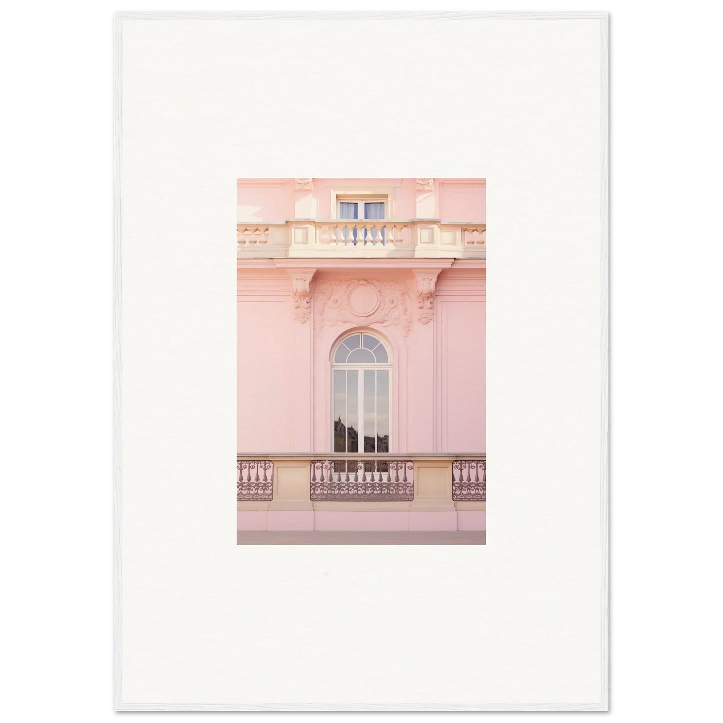 Pink architectural facade featuring an arched window and ornate balcony for Ethereal Rose Whispers