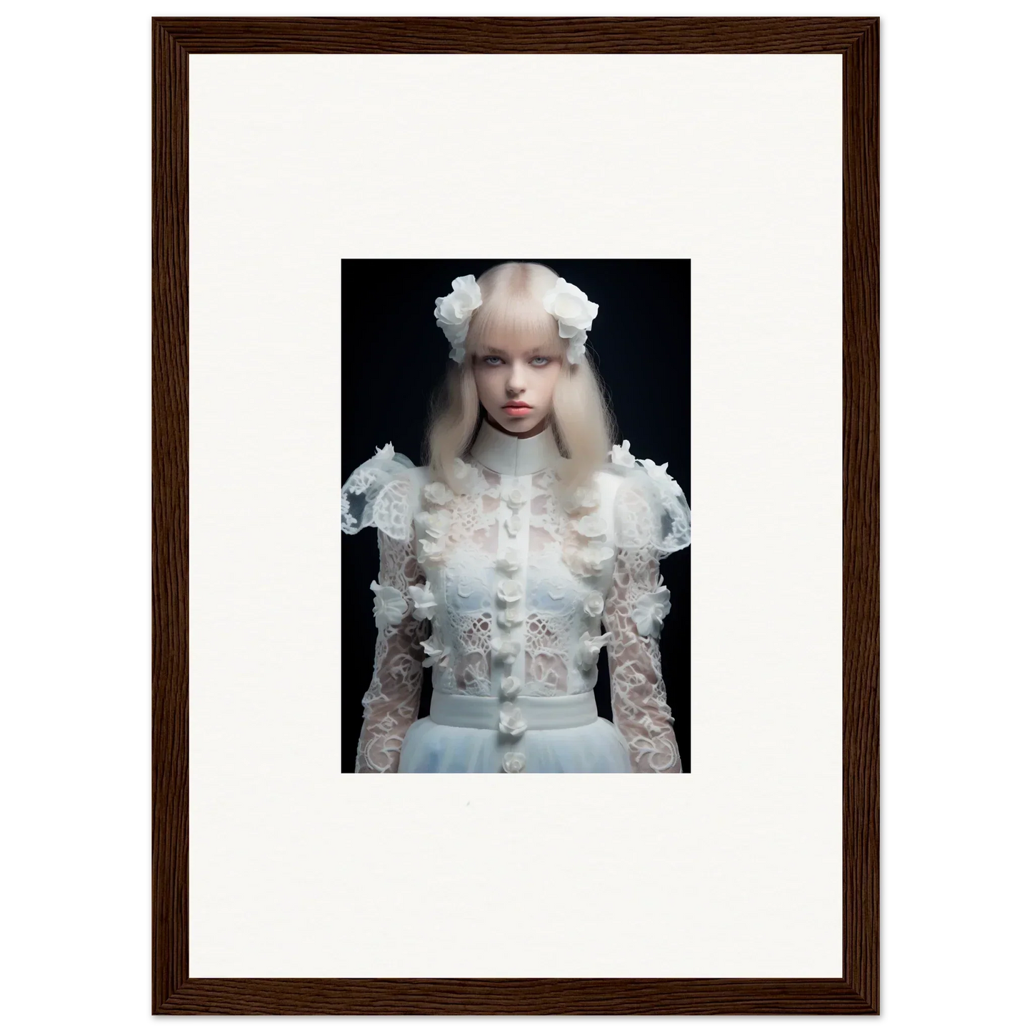 Framed photograph of a young person wearing an ornate white lace dress and headpiece.