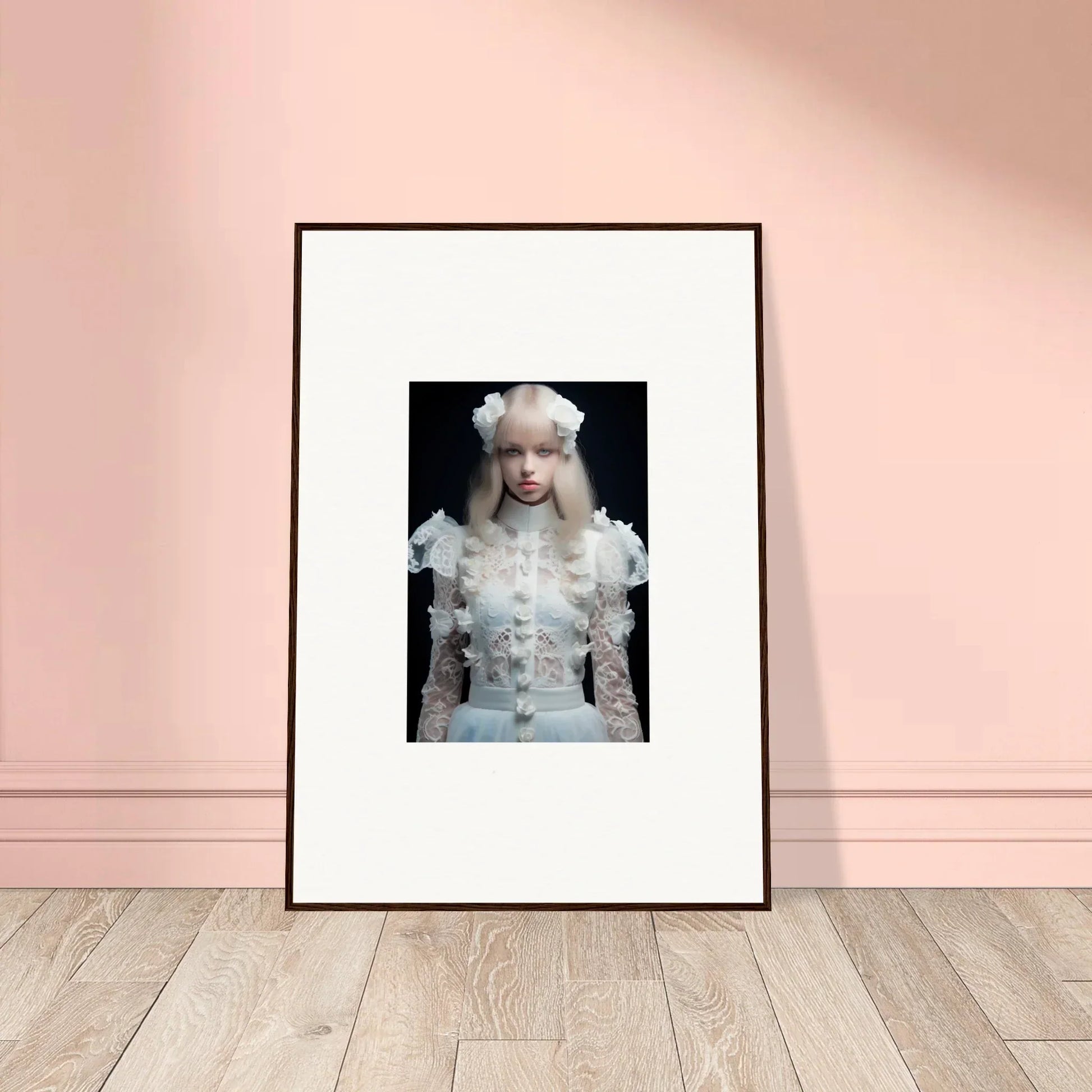 Framed portrait photograph of a person with pale skin and white hair wearing an ornate white outfit.