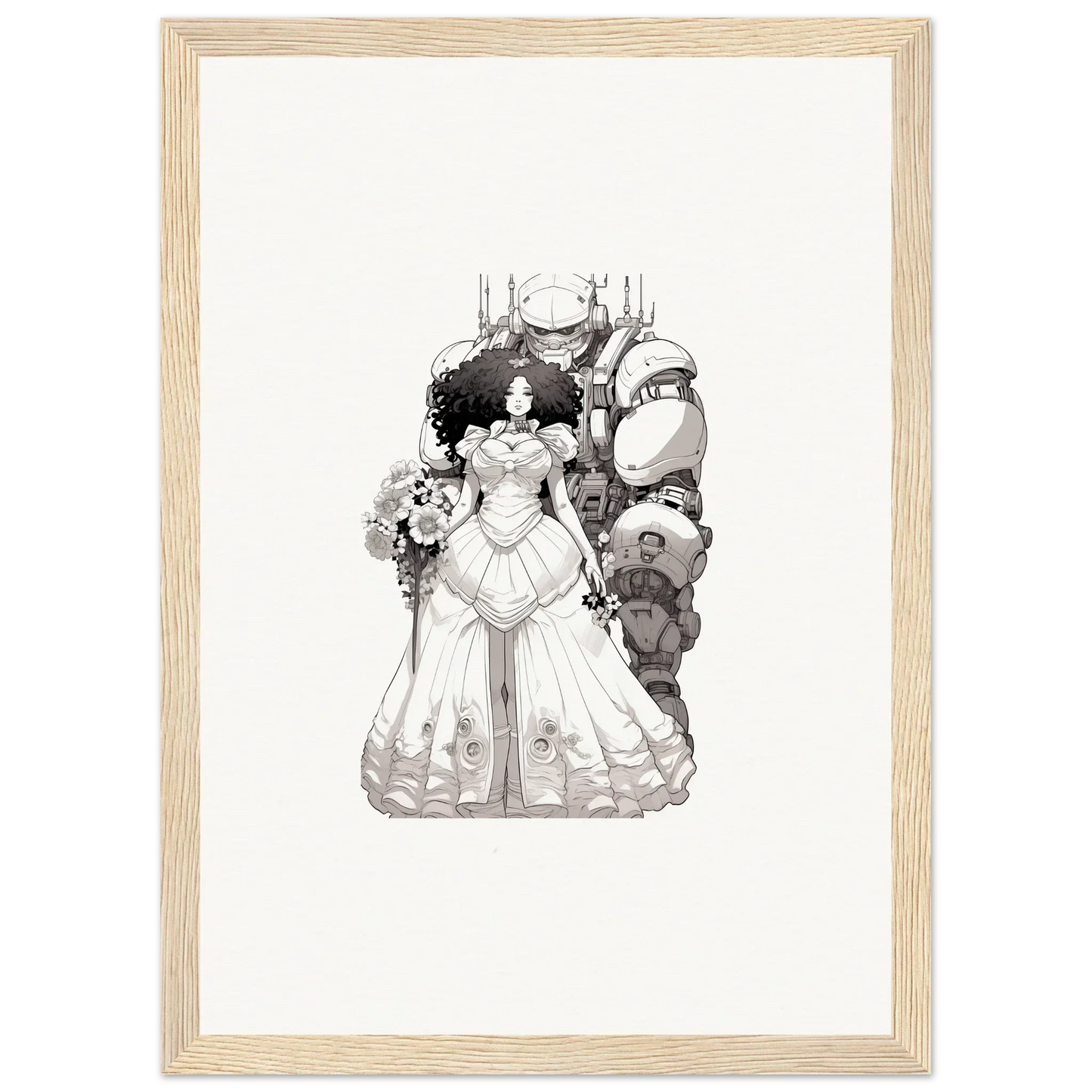 Black and white illustration of a bride with fantastical creatures for Steel Reverie room decor