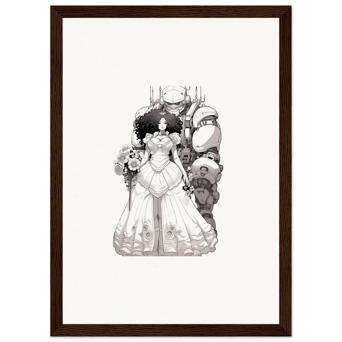 Bride in white gown with fantastical creatures, perfect for Steel Reverie room decor
