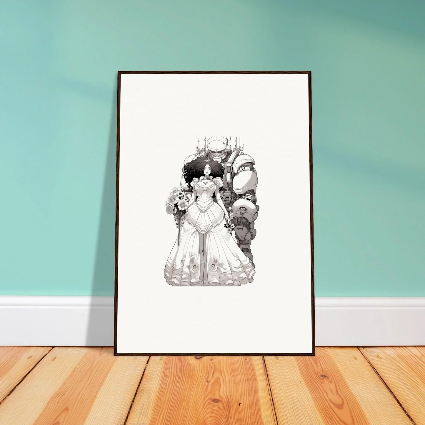 Framed black and white sketch of a bride and groom for Steel Reverie room decor