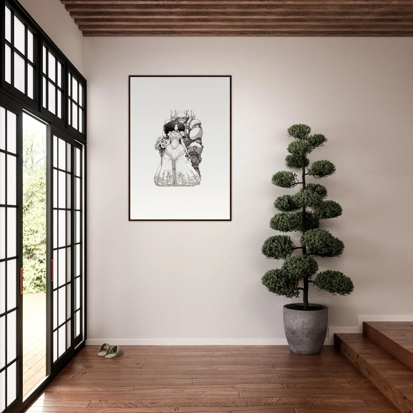 Framed black and white sketch of a couple in traditional dress for Ethereal Steel Reverie room decor