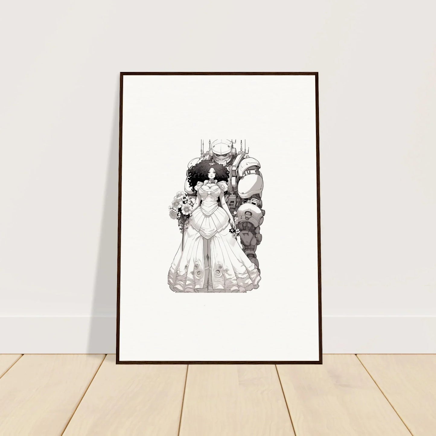 Framed black and white illustration of a bride and groom for elegant room decor, Steel Reverie