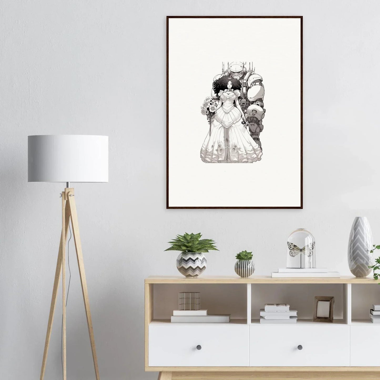 Framed black and white sketch of two women in elegant gowns for stylish room decor