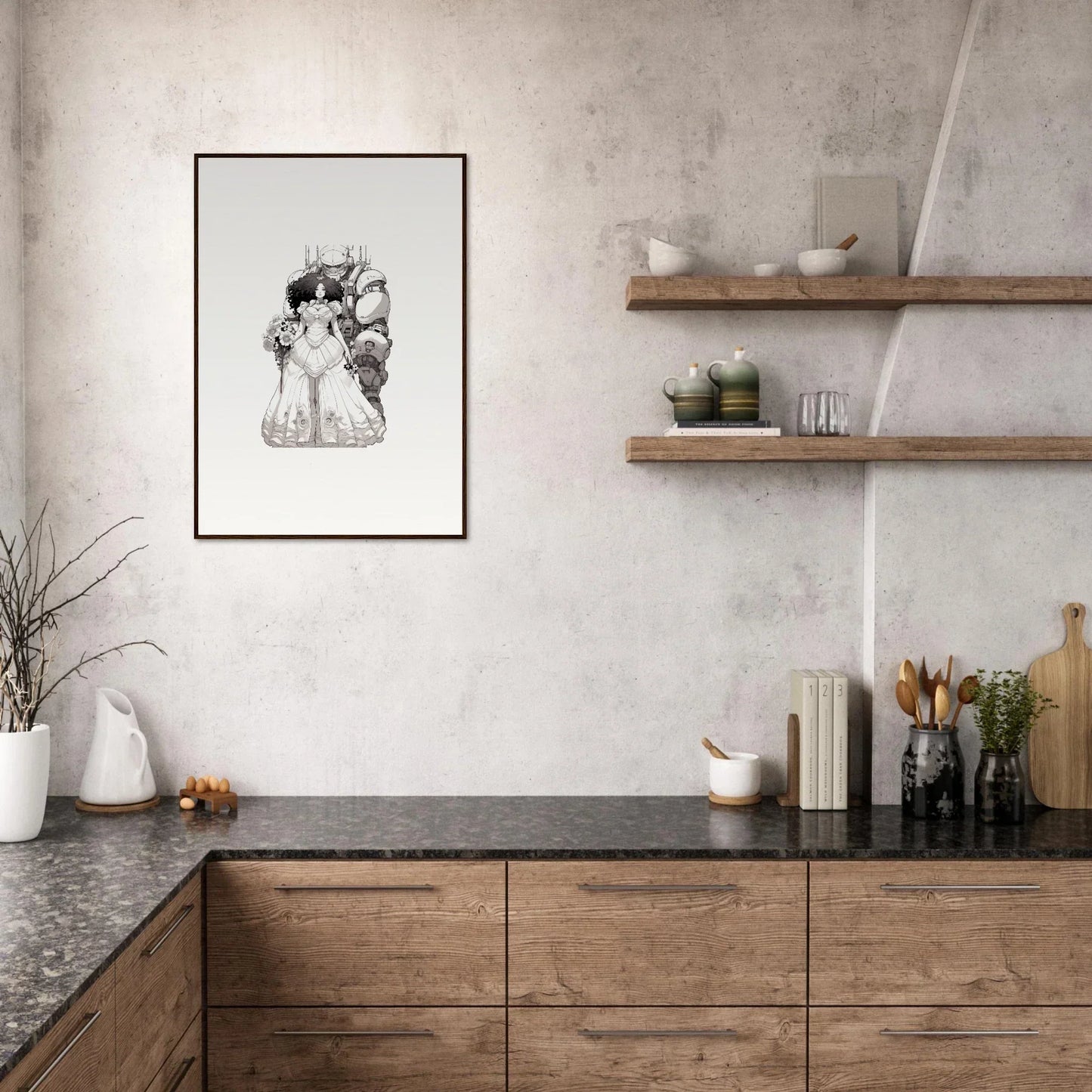 Modern kitchen with wooden cabinetry and framed wall art for stylish room decor