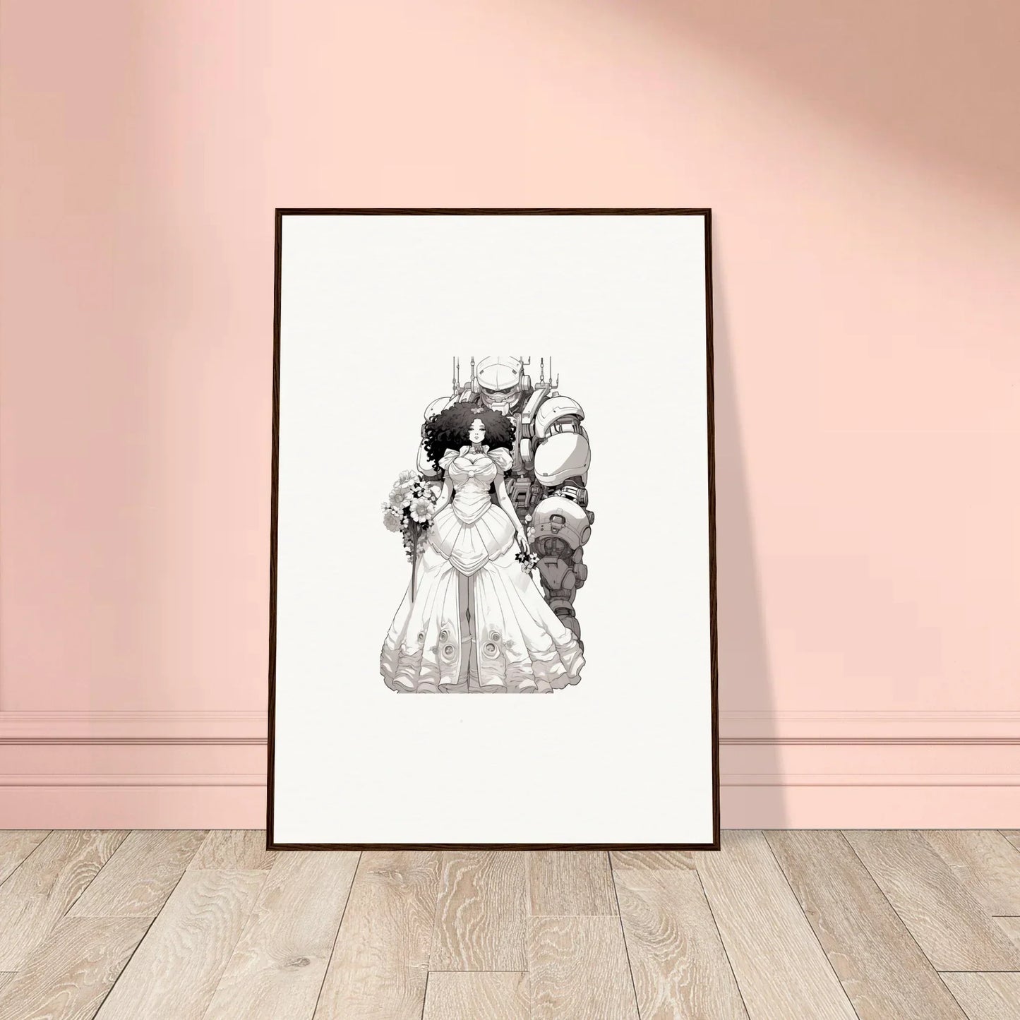 Framed black and white wall art of a princess with fantastical creatures in Steel Reverie decor