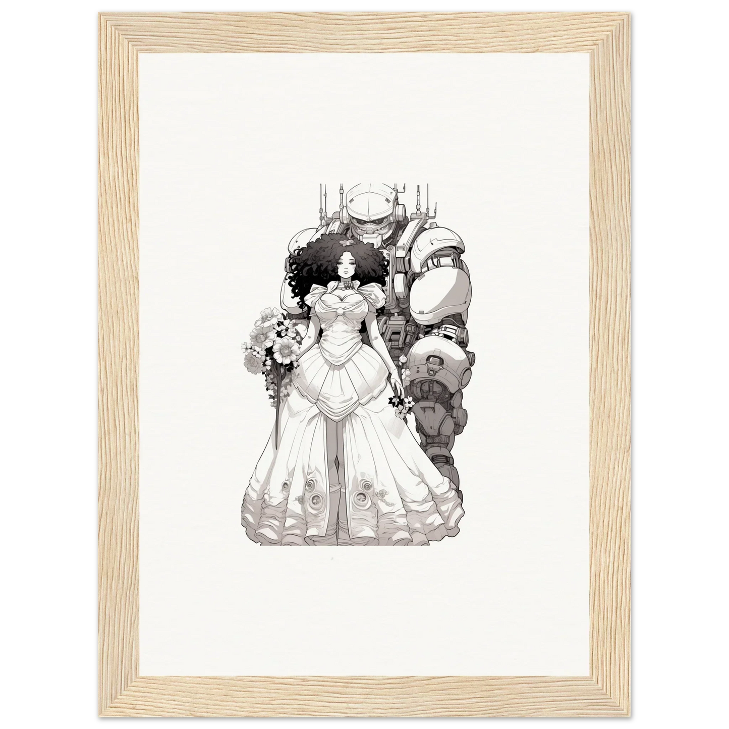 Black and white illustration of a bride with fantastical creatures for Steel Reverie room decor
