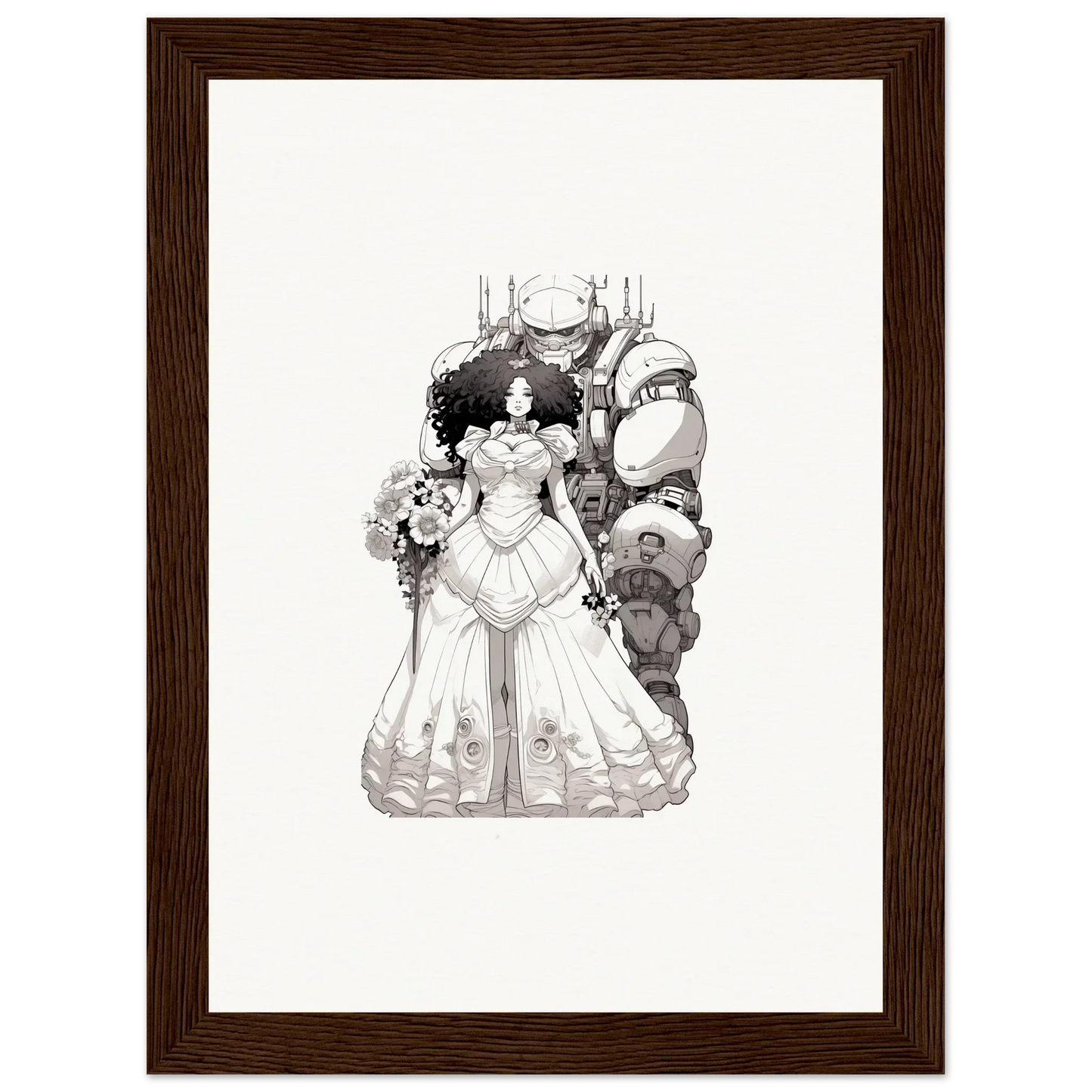 Black and white illustration of a bride in an elaborate gown for Steel Reverie room decor