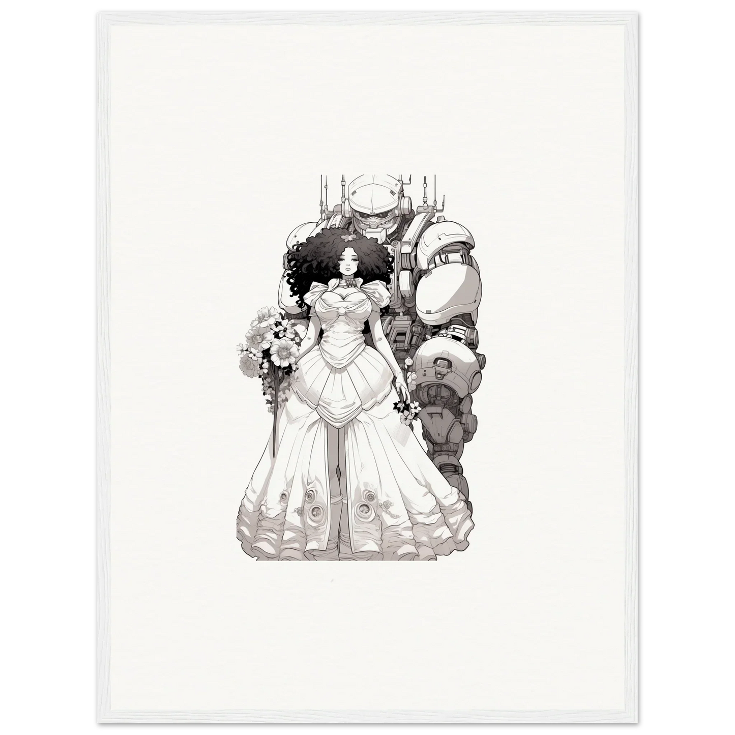 Black and white illustration of a bride in an elaborate gown with fantastical creatures for Steel Reverie room decor