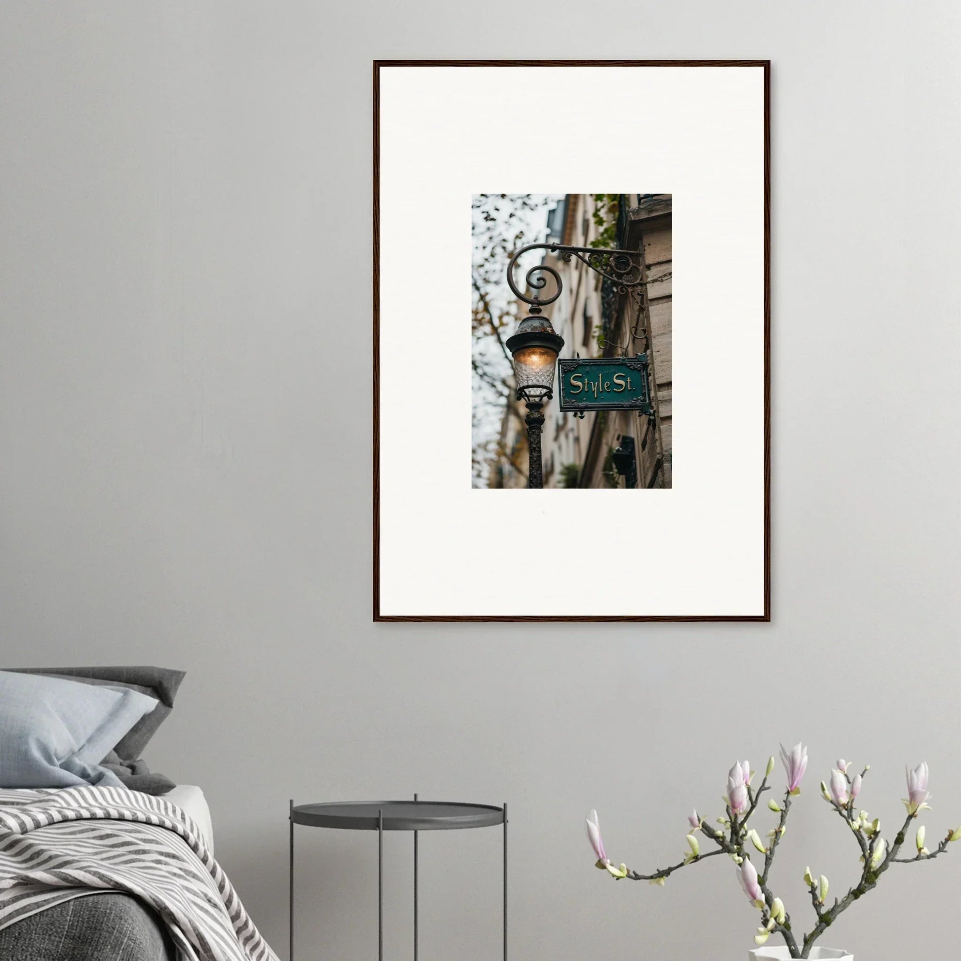 Framed photograph of a vintage street lamp for dreamy room decoration and street whispers