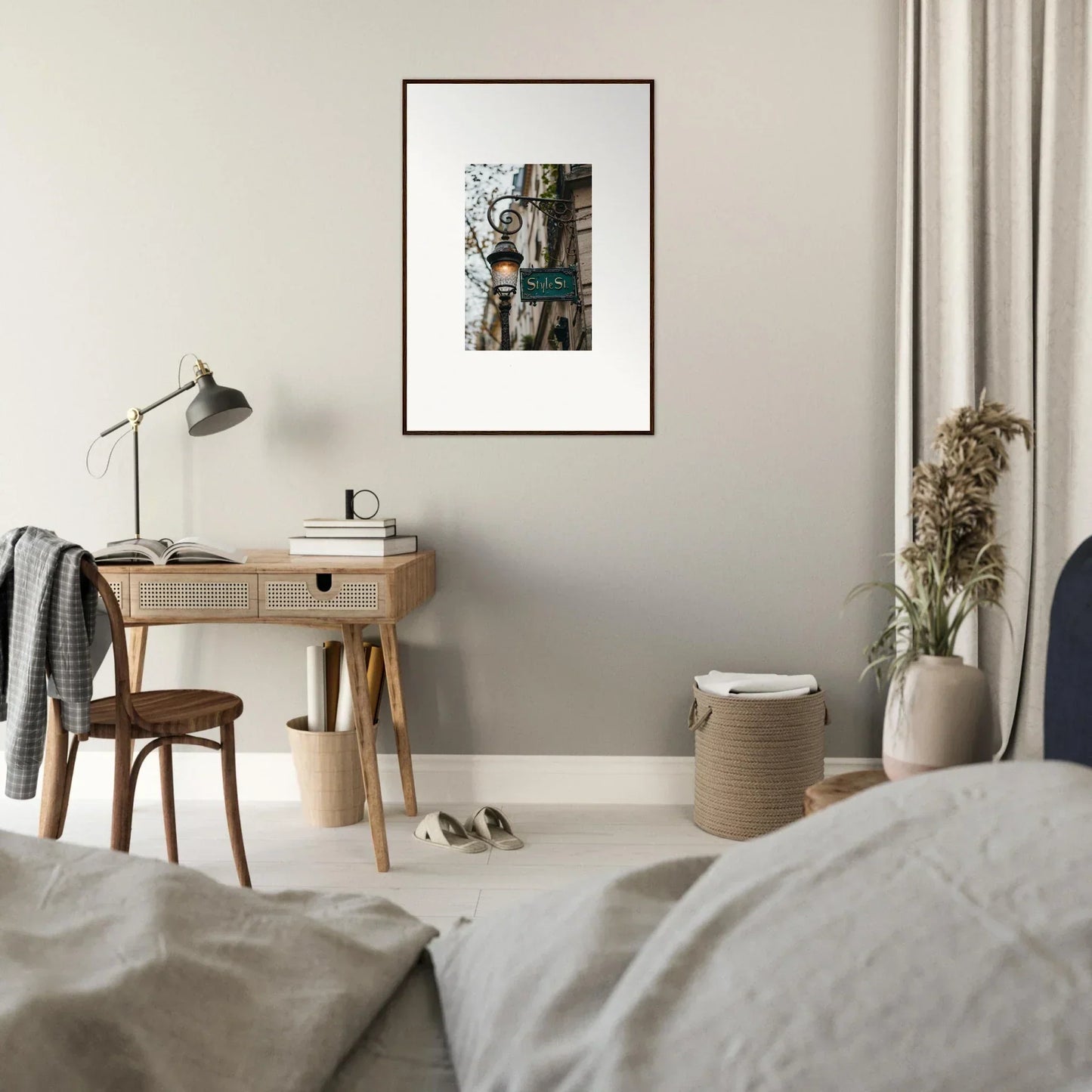 Framed black and white photo of street whispers, perfect for room decoration