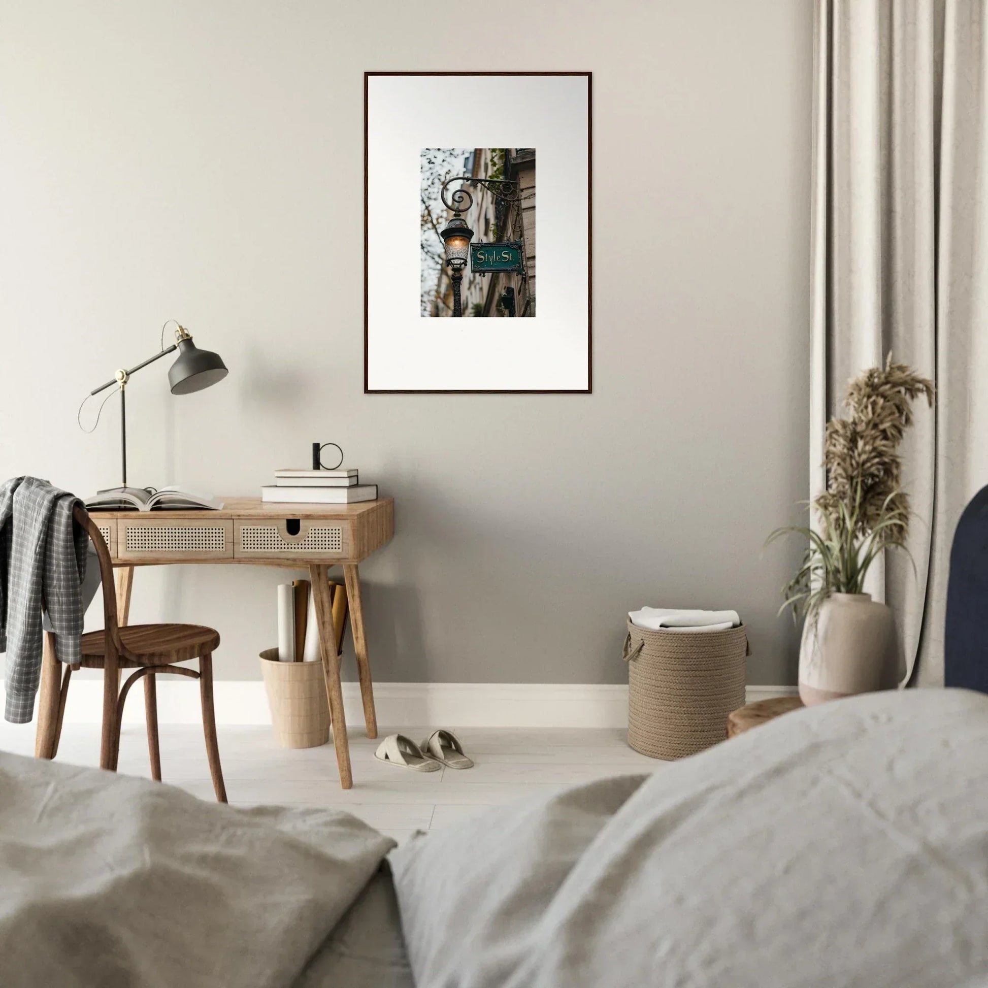 Framed black and white photo of street whispers, perfect for room decoration