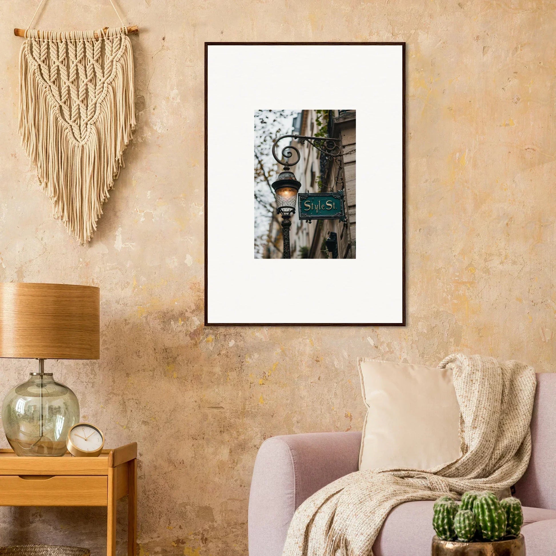 Framed photograph of street whispers on a stone wall, perfect for room decoration