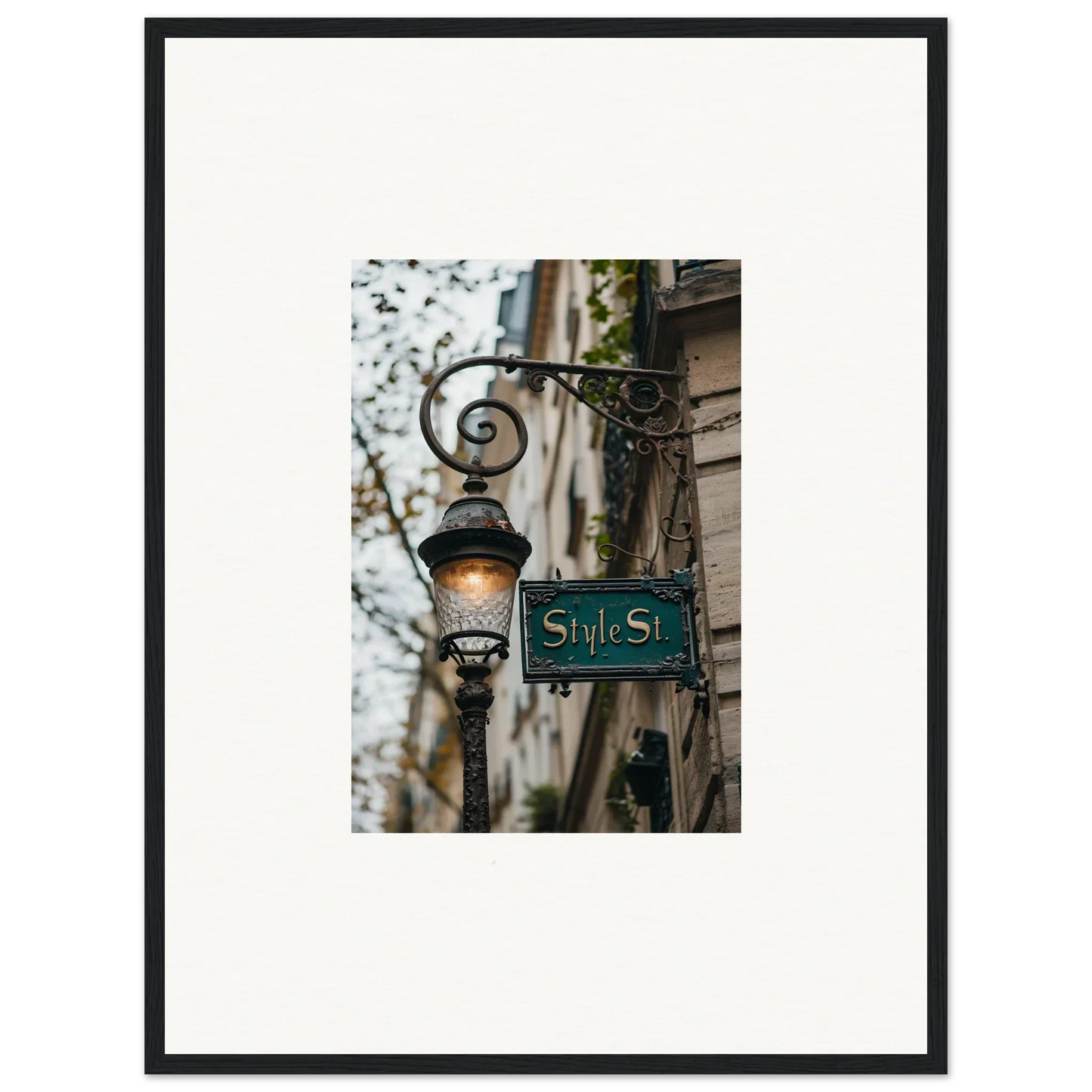 Ornate street lamp with a green Style St sign perfect for room decoration or street whispers