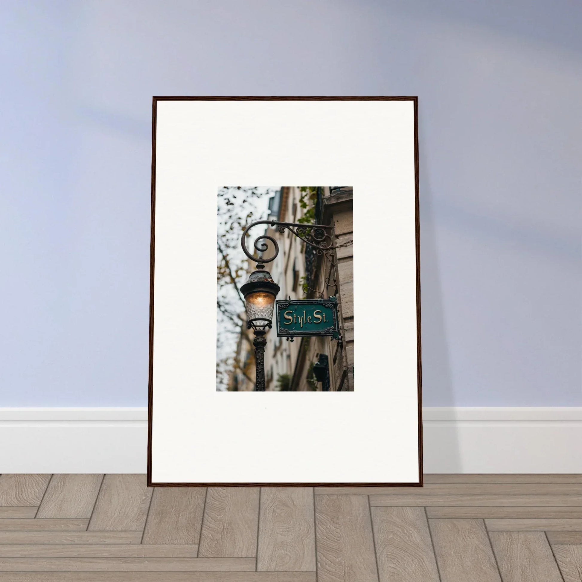 Framed canvas print of ornate street lamp and St sign, perfect for room decoration
