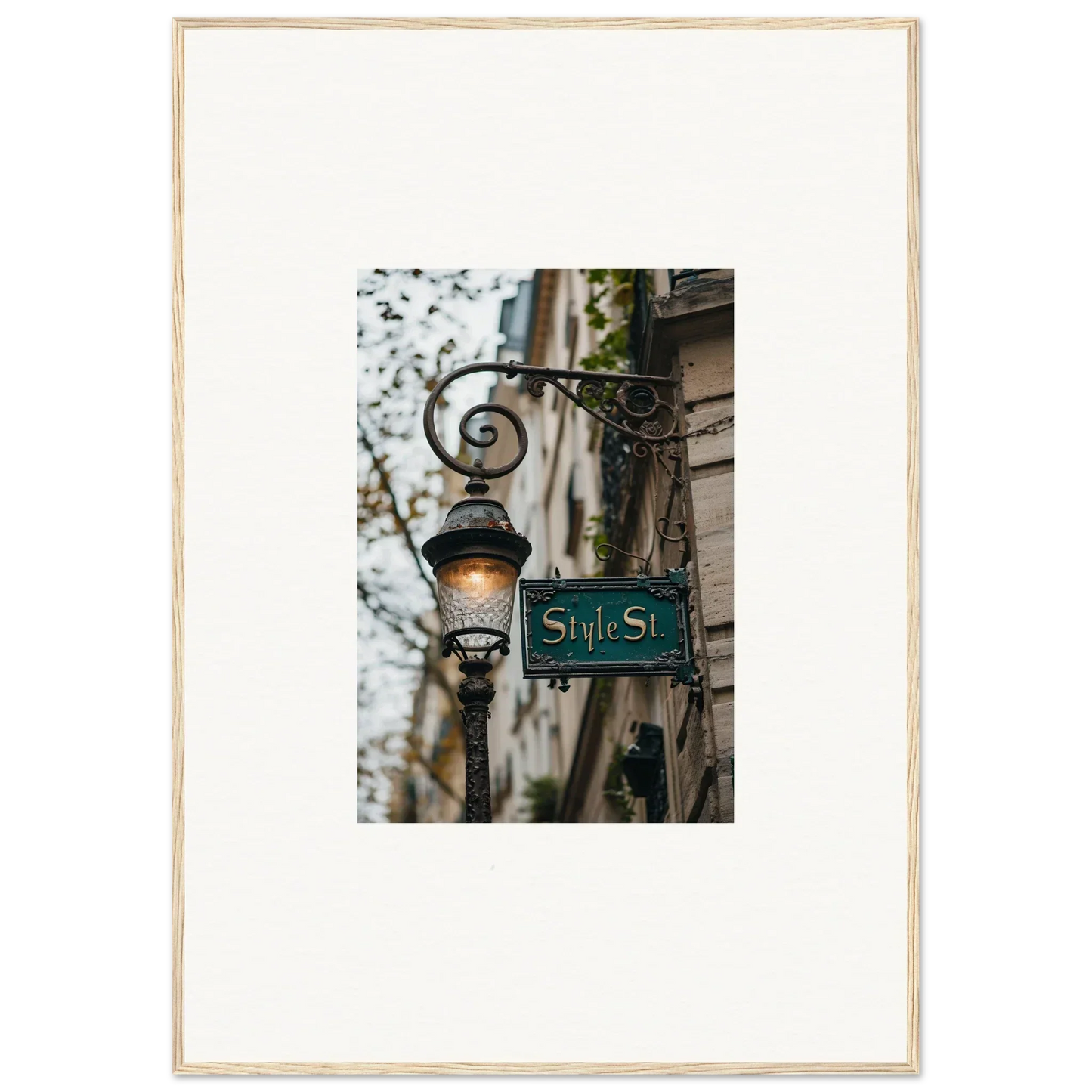 Ornate street lamp and ’St’ sign, perfect for room decoration or canvas print street whispers