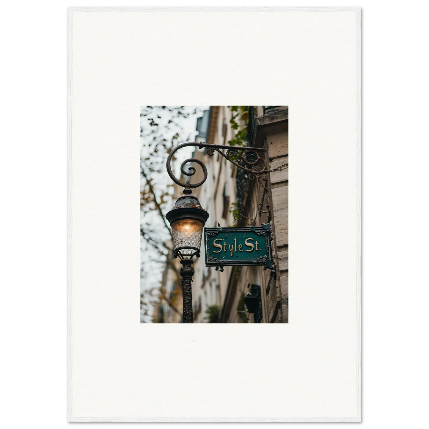 Ornate street lamp with a green St. St. sign, perfect for street whispers canvas print