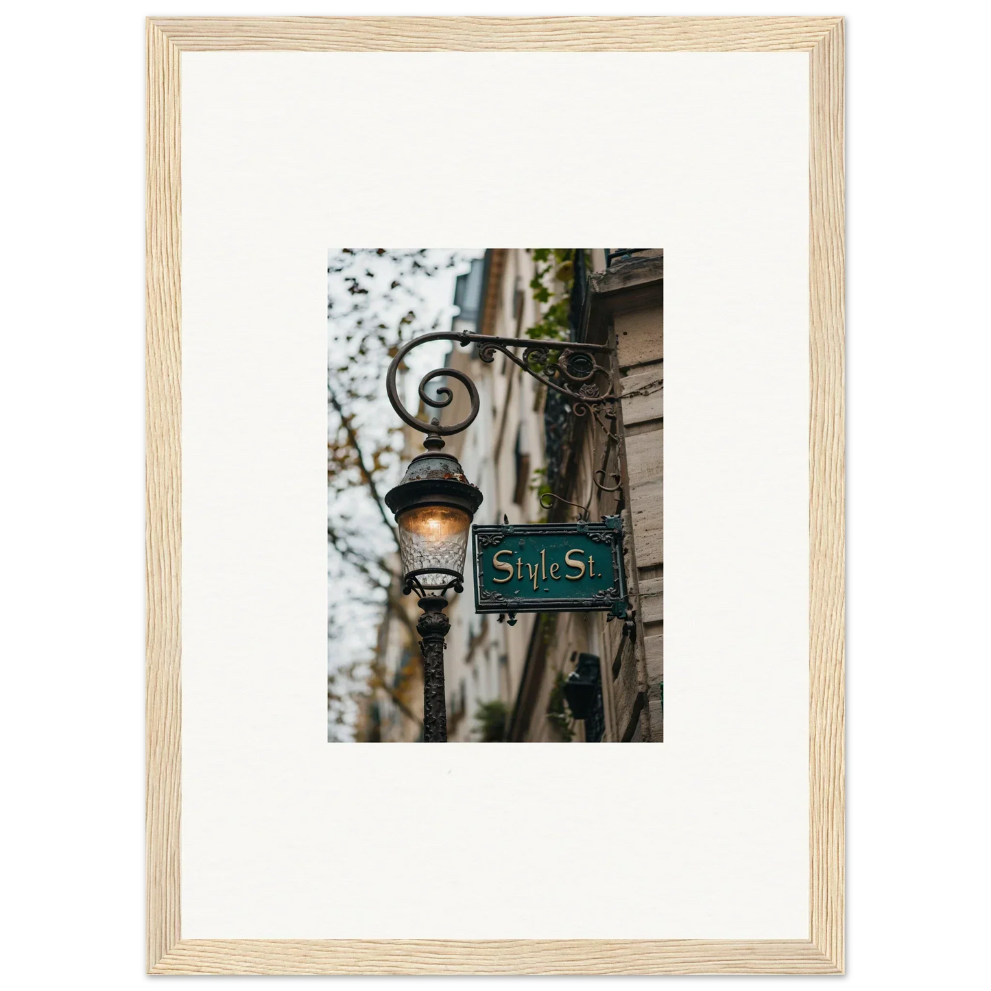 Framed canvas print of street lamp and S 1st St sign, perfect for room decoration