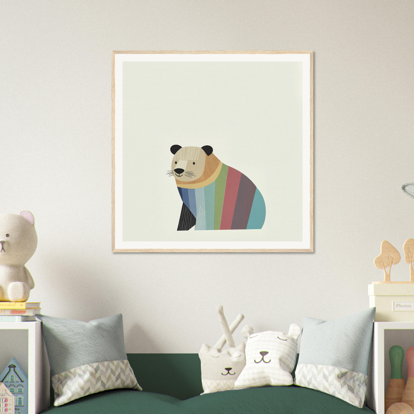 Rainbow-striped panda bear illustration in minimalist style for Feral Hue Jamboree