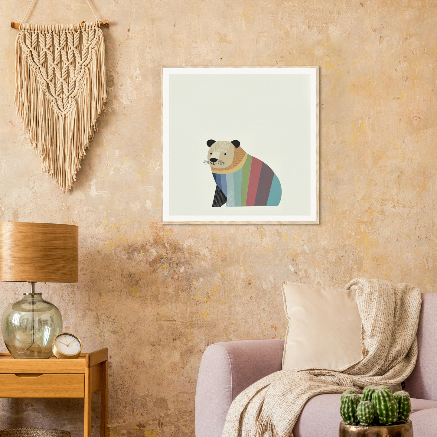Rainbow-colored panda art print in a white frame from Feral Hue Jamboree