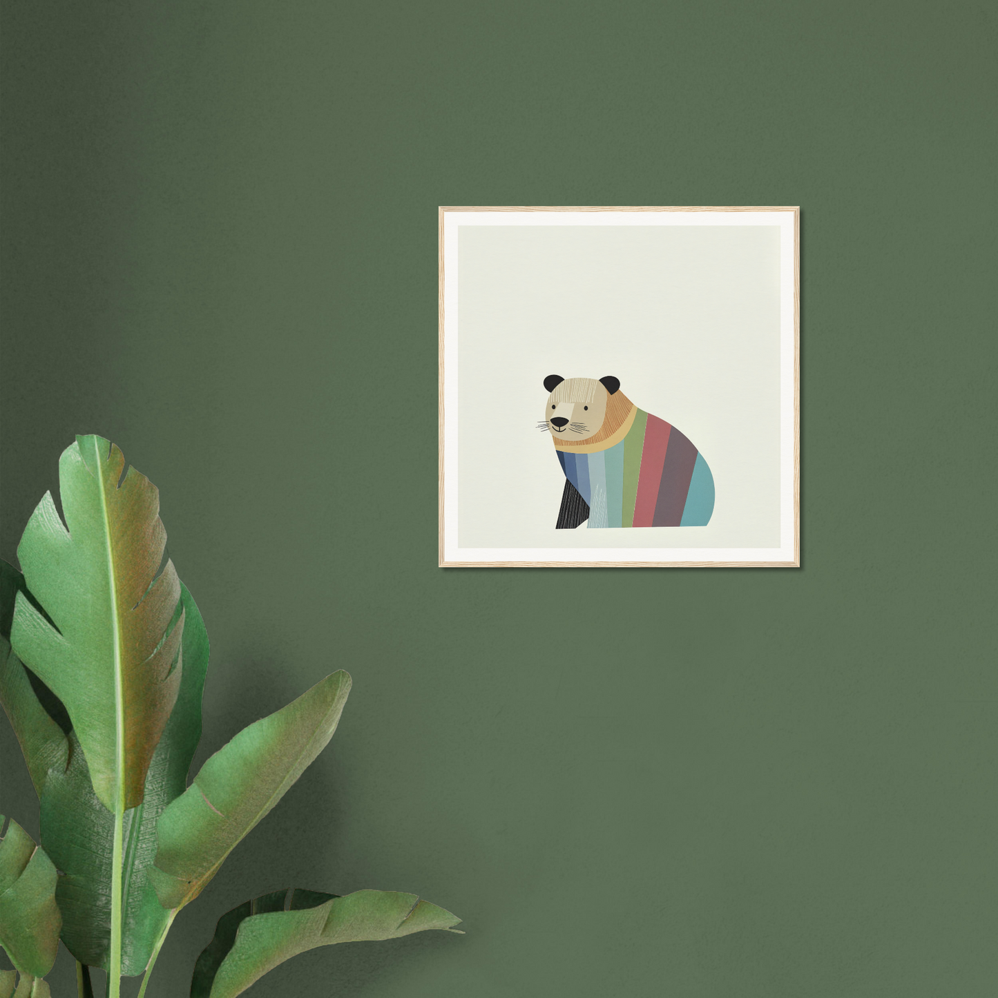 Framed artwork depicting a panda adorned in a rainbow-colored sweater from Feral Hue Jamboree