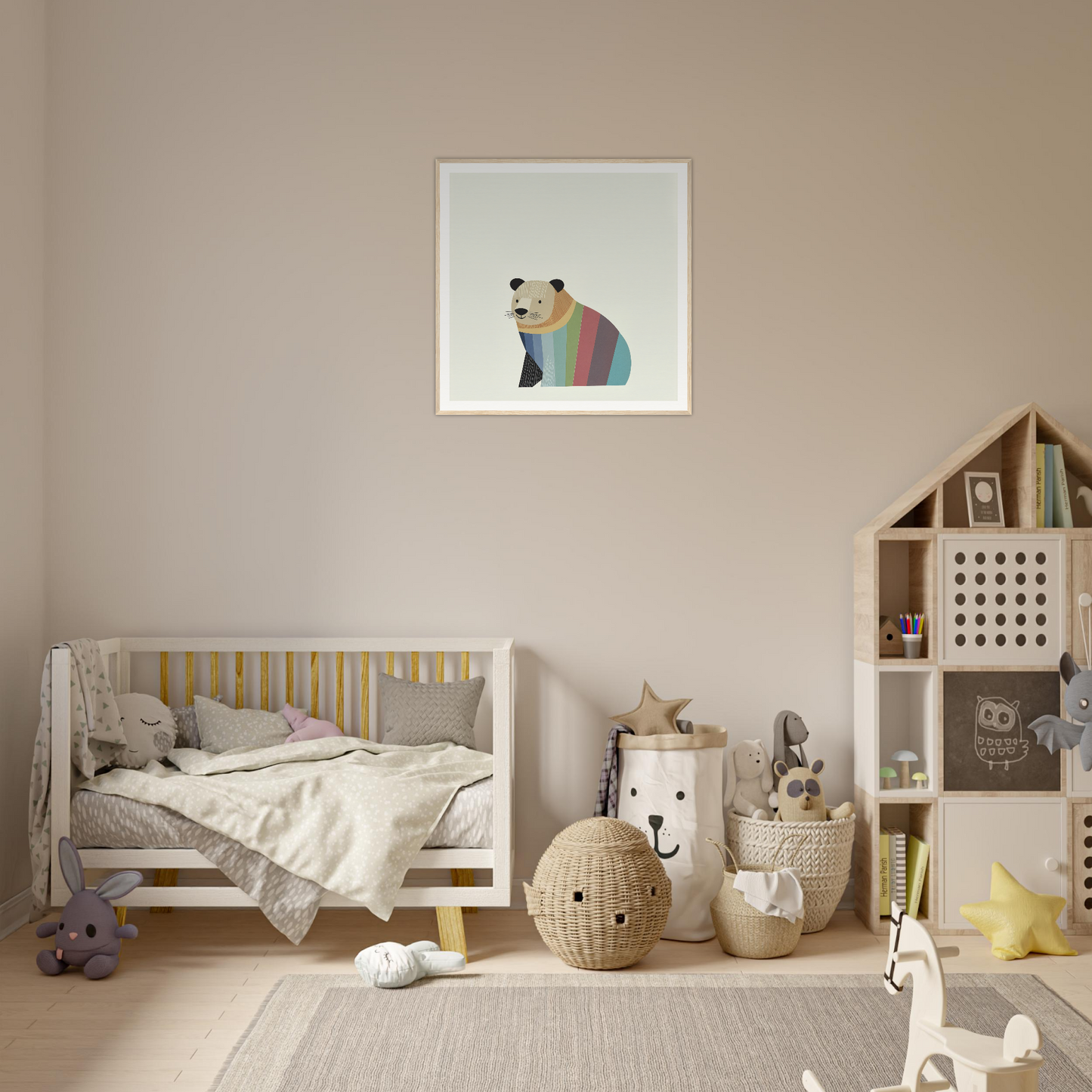 Cozy nursery in neutral tones with wooden crib and playful accessories from Feral Hue Jamboree