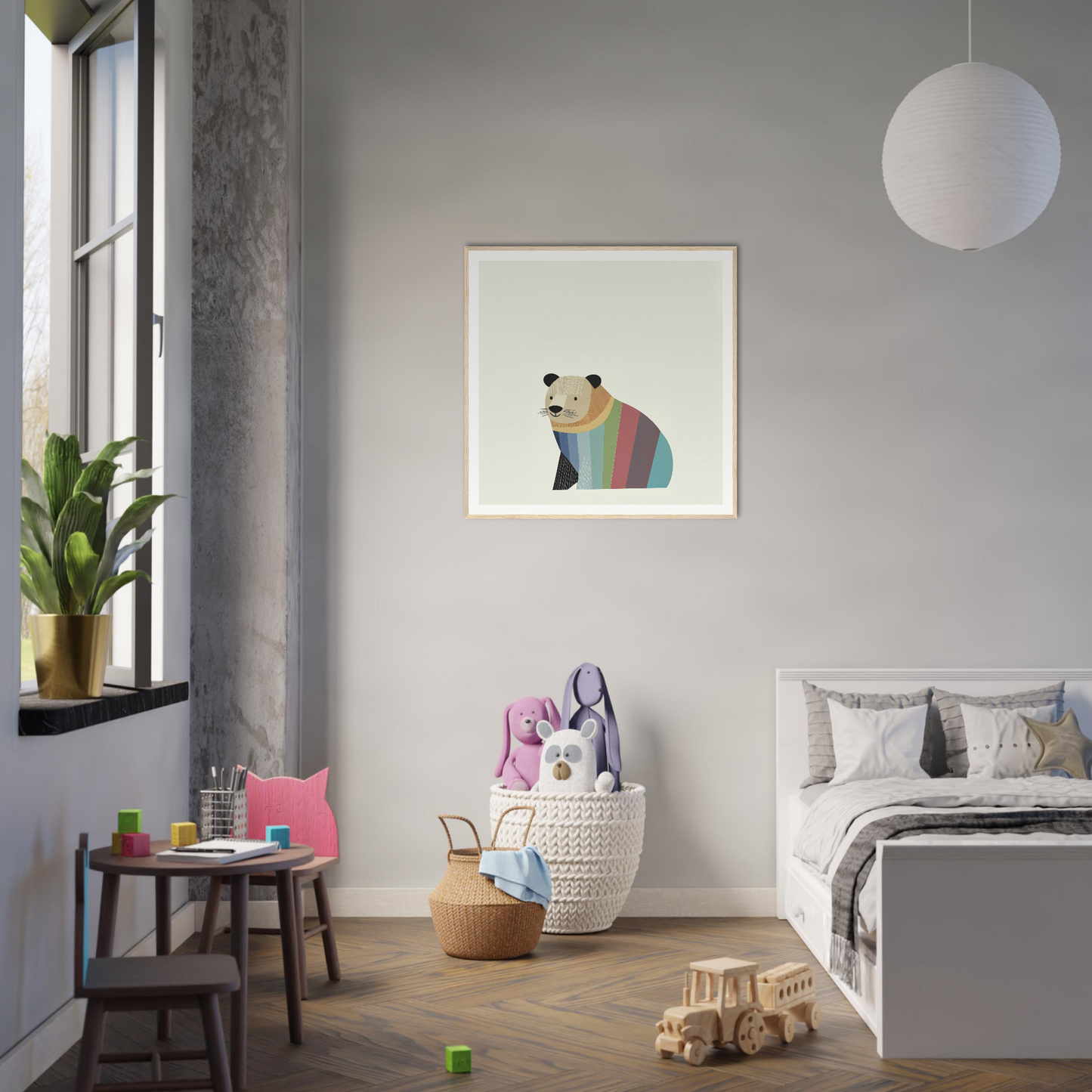 Modern bedroom with minimalist decor showcasing Feral Hue Jamboree bear artwork