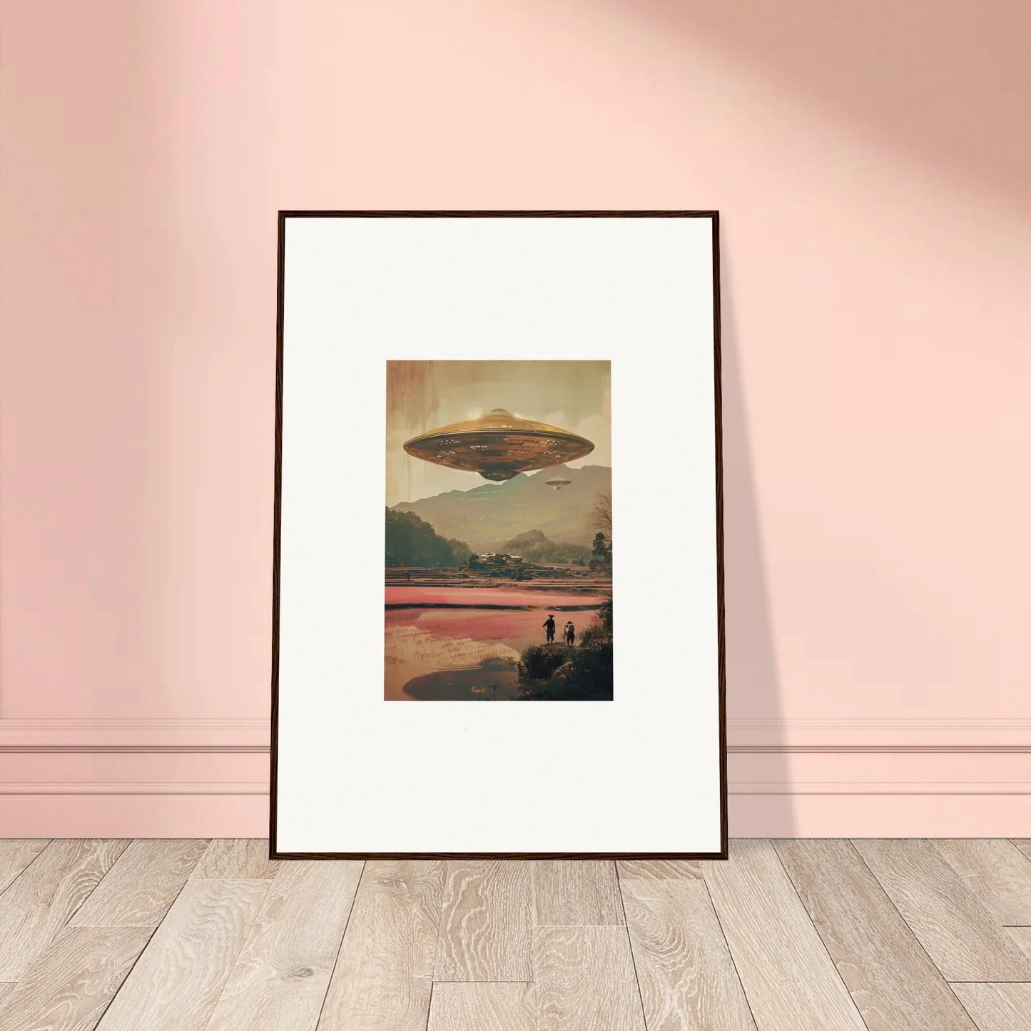 Framed canvas print of UFO in dream resonance over a landscape with silhouettes