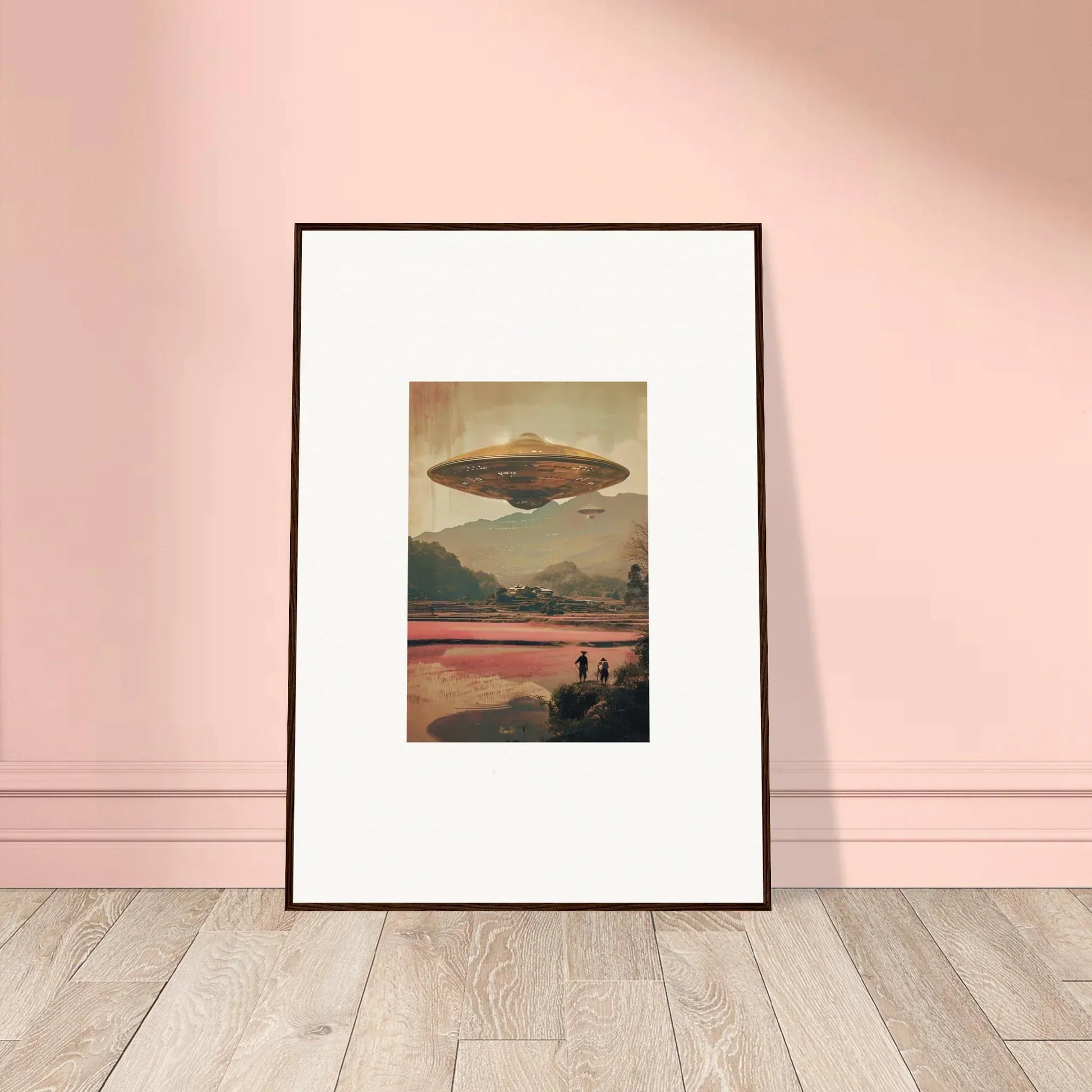 Framed canvas print of UFO in dream resonance over a landscape with silhouettes